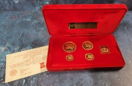 A 1977 Isle of Man Proof gold Sovereign 4-coin set includes a quintuple-sovereign (five-pound coin),
