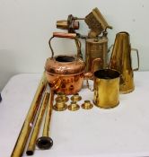 A Parkinson and W & B Cowan Ltd large blow lamp; a copper kettle;  a gun shell two handled vase;