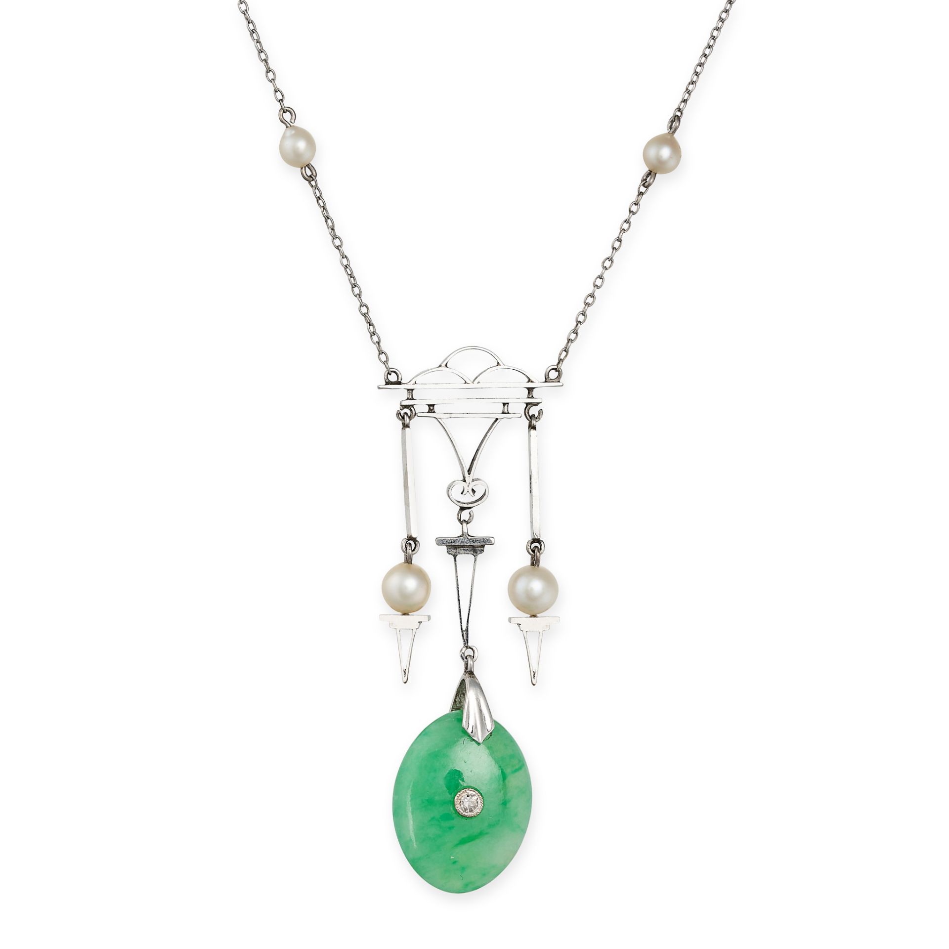 A JADEITE JADE AND PEARL PENDANT NECKLACE in 9ct white gold, the pendant suspending a polished ja...