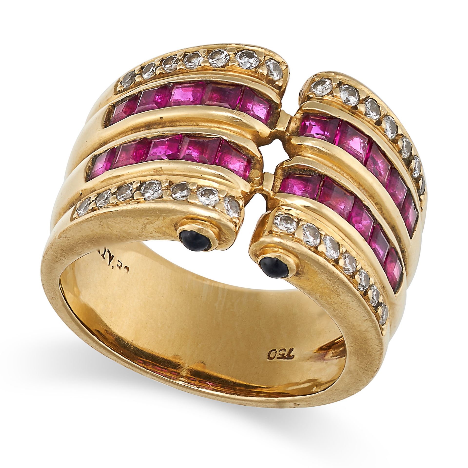 A RETRO RUBY, DIAMOND AND SAPPHIRE RING in 18ct yellow gold, set with rows of square step cut rub...