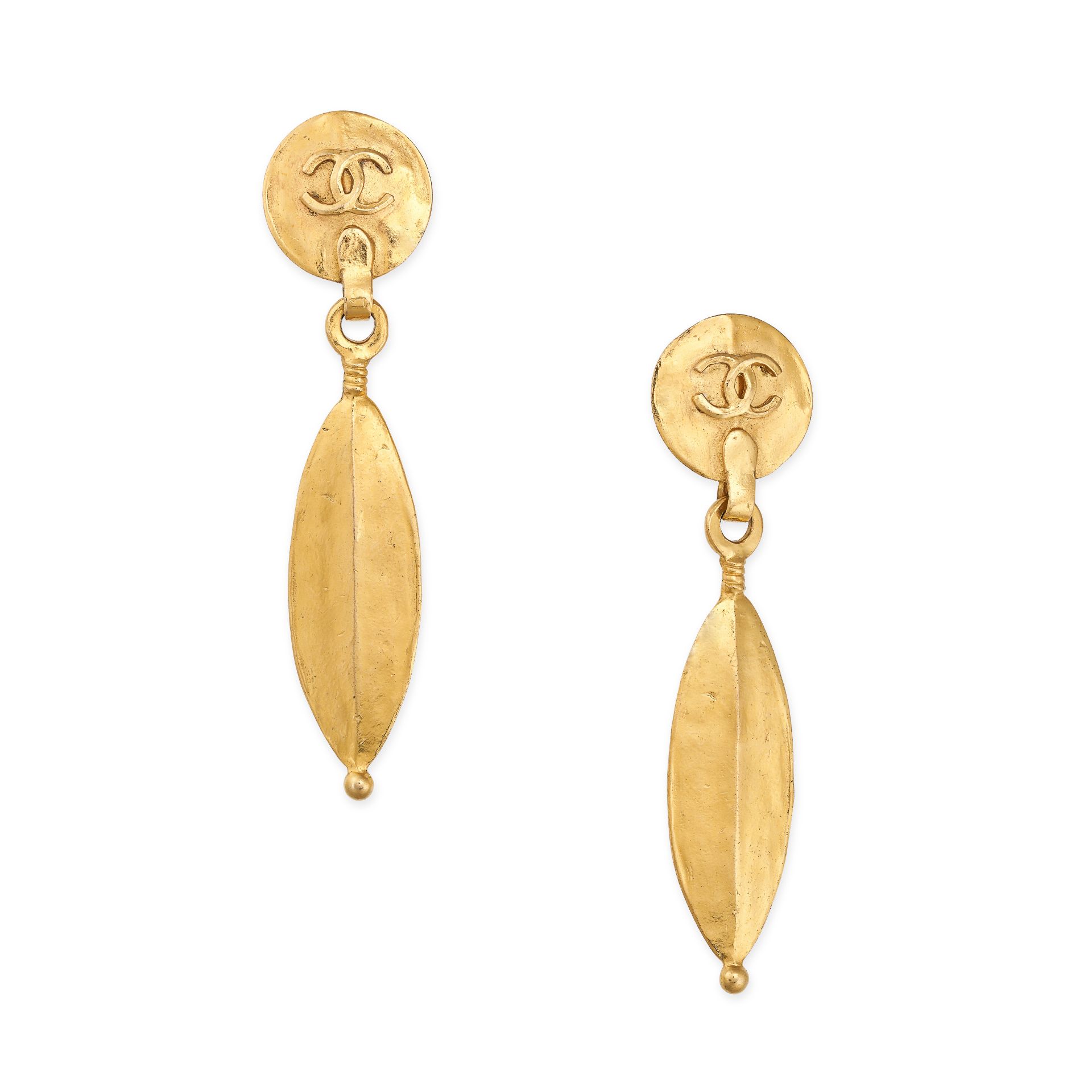 NO RESERVE - CHANEL, A PAIR OF VINTAGE DROP EARRINGS each comprising a circular motif with an app...