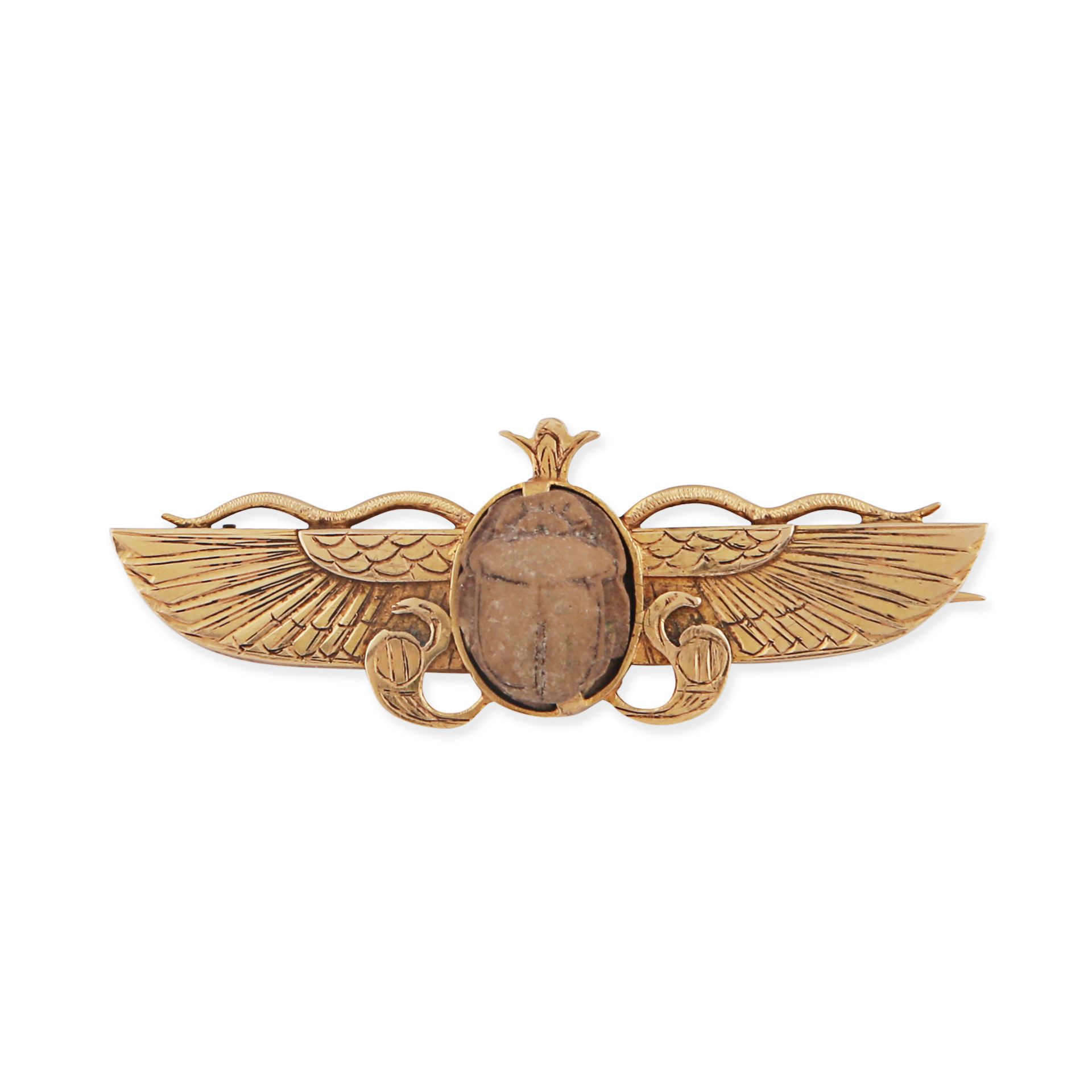 AN ANTIQUE EGYPTIAN REVIVAL VOLCANIC LAVA SCARAB BEETLE BROOCH in yellow gold, set with a carved ...