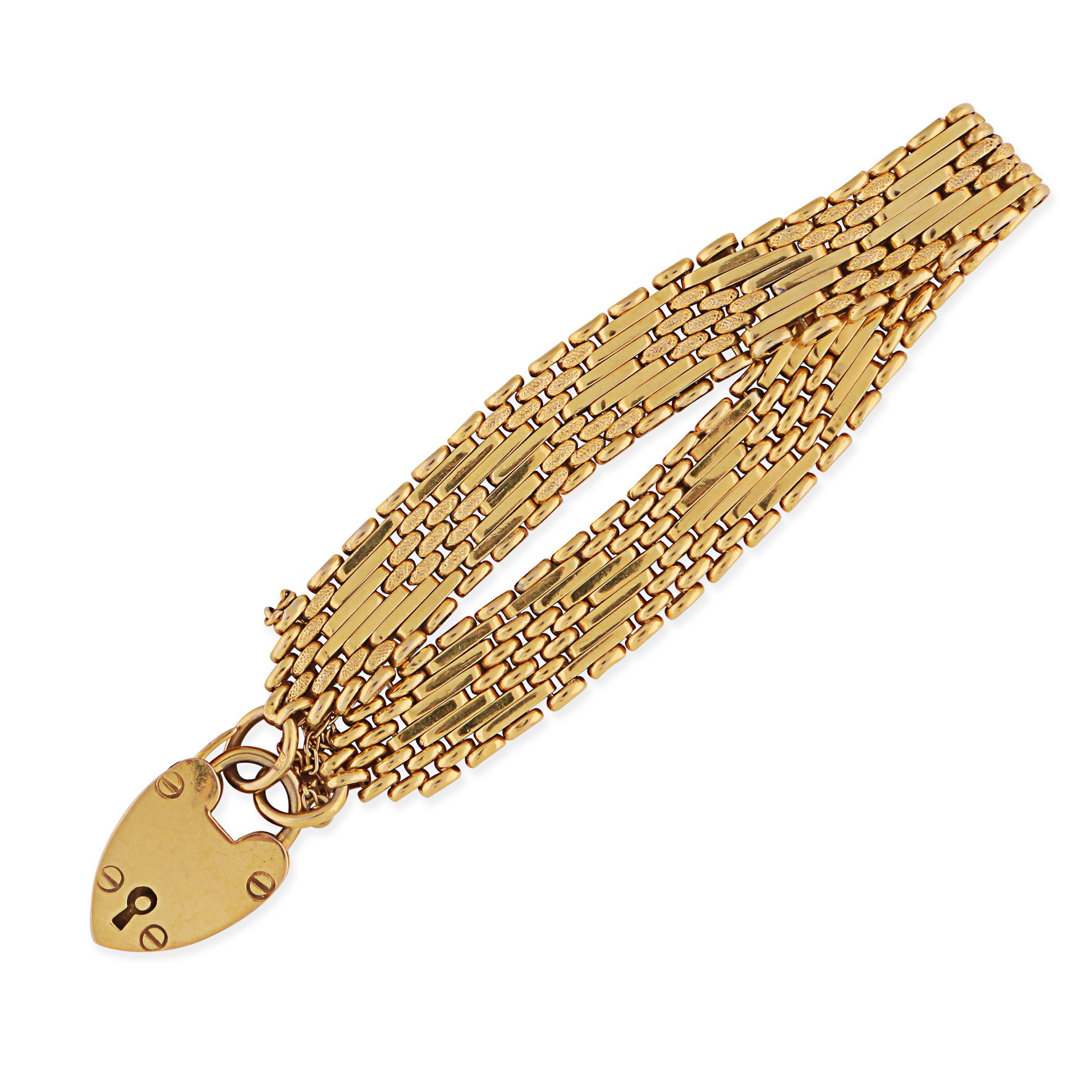 A GOLD GATE LINK SWEETHEART BRACELET in 9ct yellow gold, the gate link chains with a heart shaped...