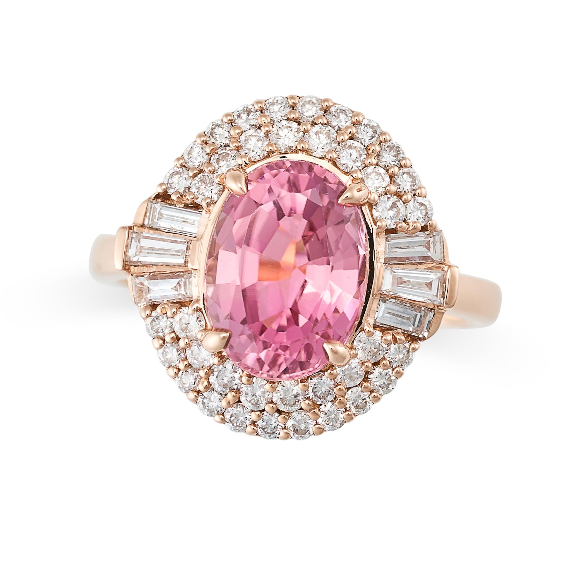 A PINK TOURMALINE AND DIAMOND CLUSTER RING in 18ct rose gold, set to the centre with an oval cut ...