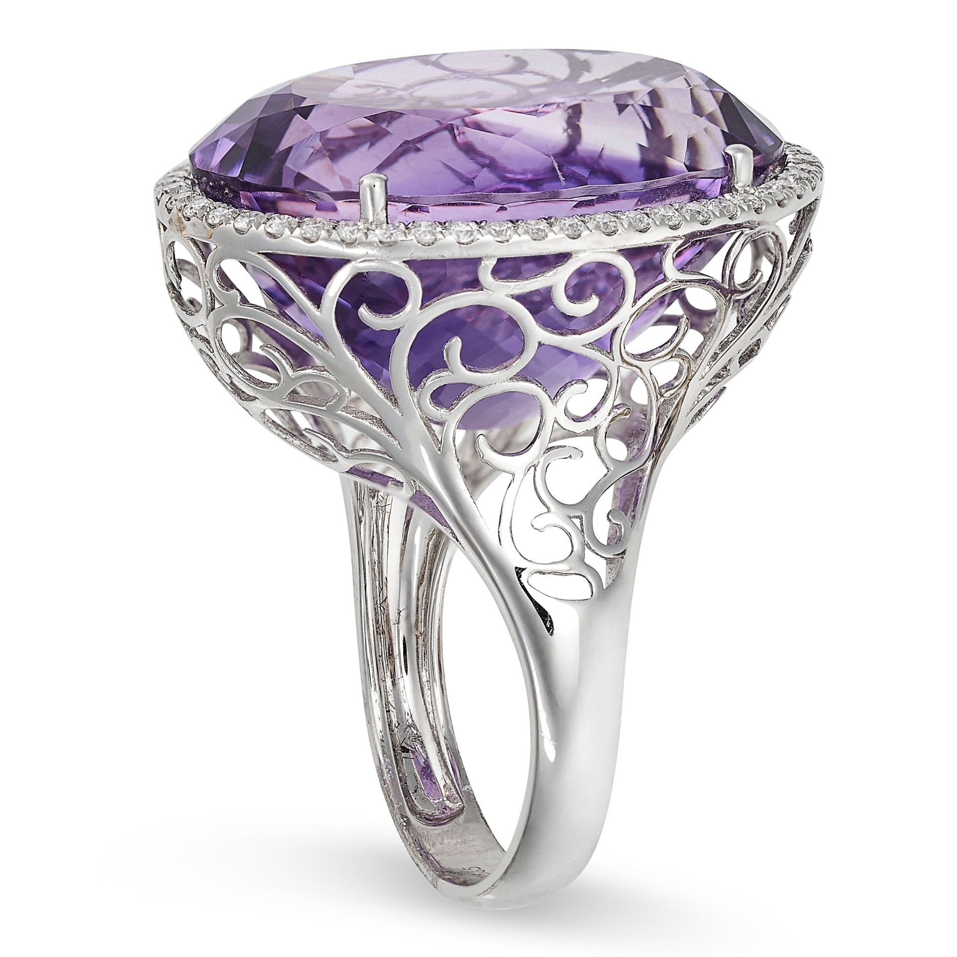 AN AMETHYST AND DIAMOND CLUSTER RING in 14ct white gold, set with an oval cut amethyst of approxi... - Image 2 of 2