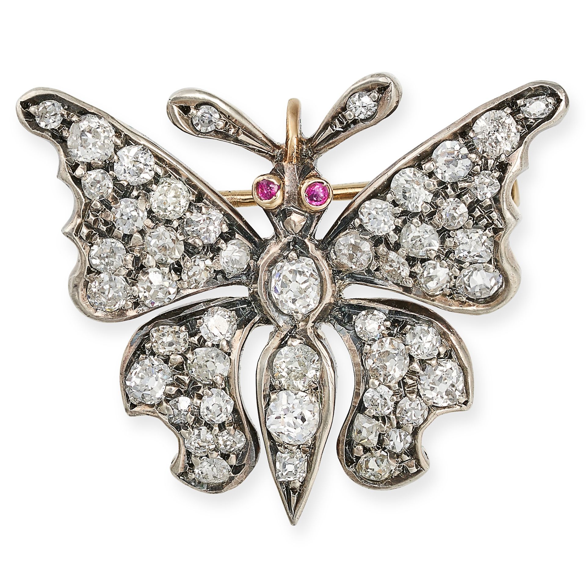 A FINE ANTIQUE DIAMOND AND RUBY BUTTERFLY BROOCH, 19TH CENTURY in yellow gold and silver, designe... - Image 2 of 2
