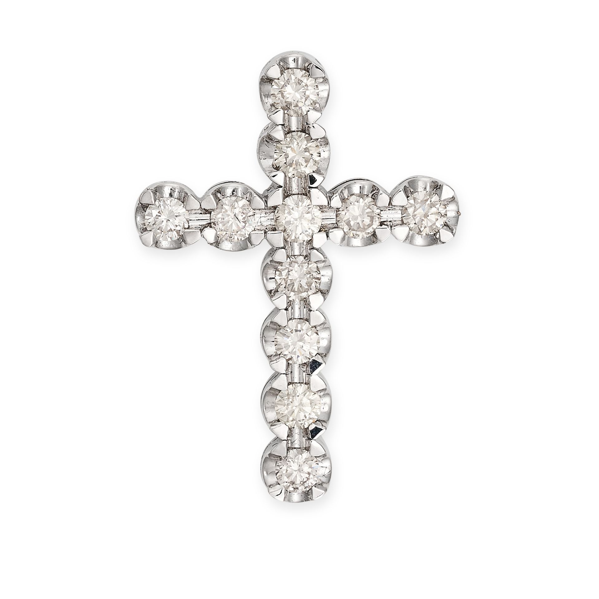 A DIAMOND CROSS PENDANT in white gold, designed as a cross set with round brilliant cut diamonds,...