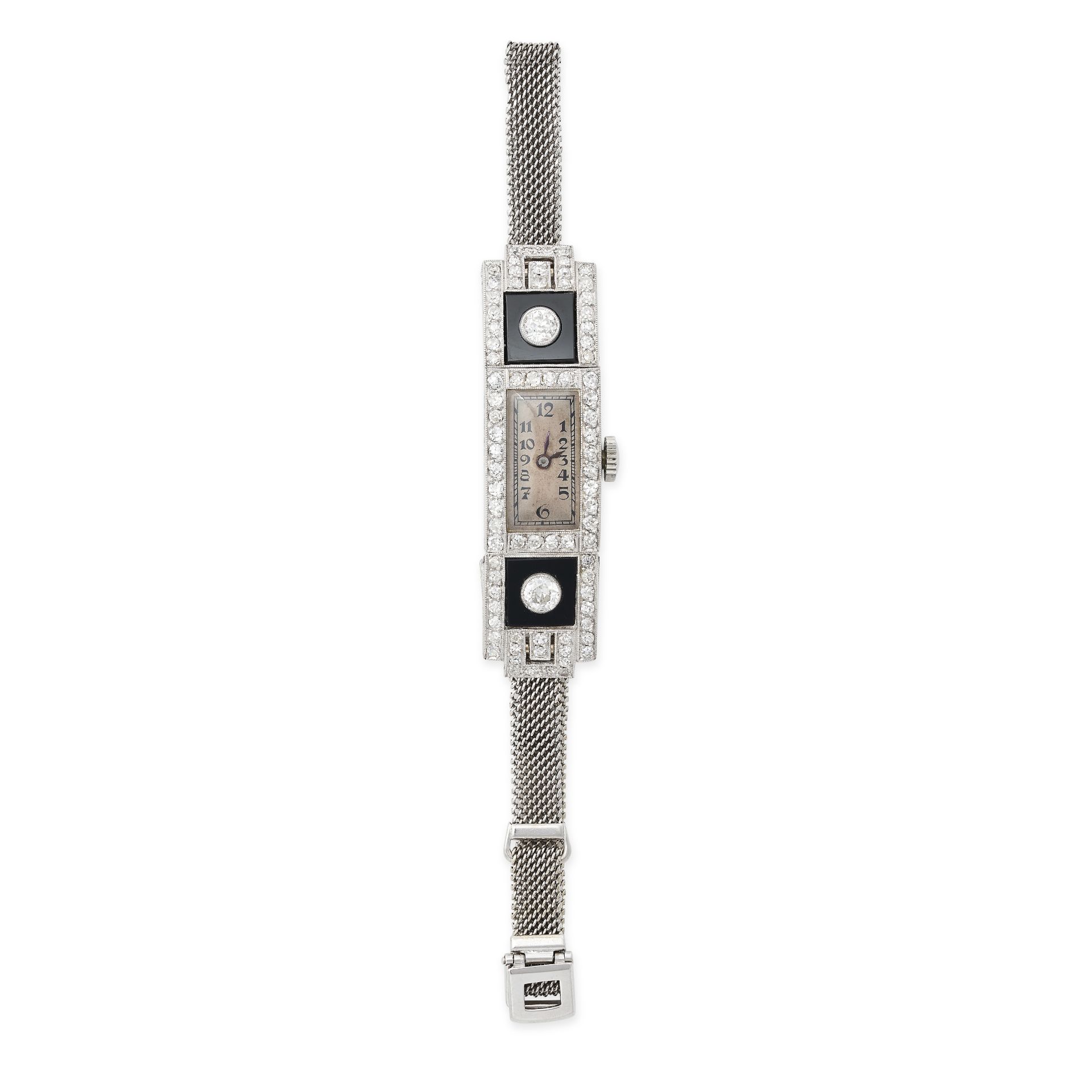 AN ART DECO LADIES DIAMOND AND ONYX COCKTAIL WATCH in platinum and gold, the rectangular face wit...