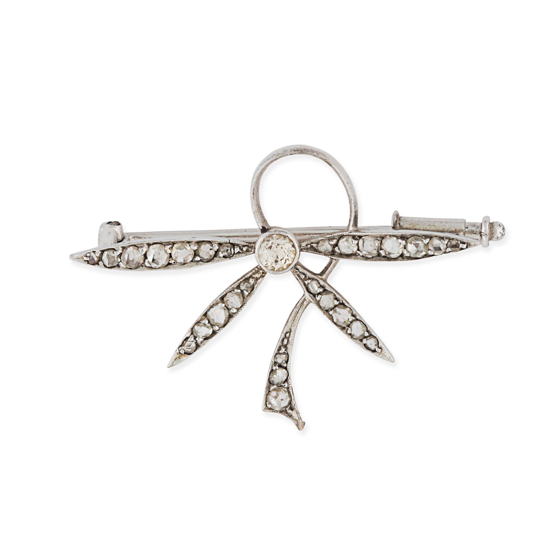 A DIAMOND BROOCH in 18ct white gold, designed as a stylised bow set with old cut and rose cut dia...