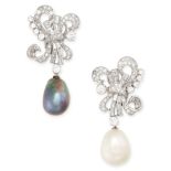 A PAIR OF PEARL AND DIAMOND EARRINGS designed as a ribbon tied as a bow, set with round brilliant...