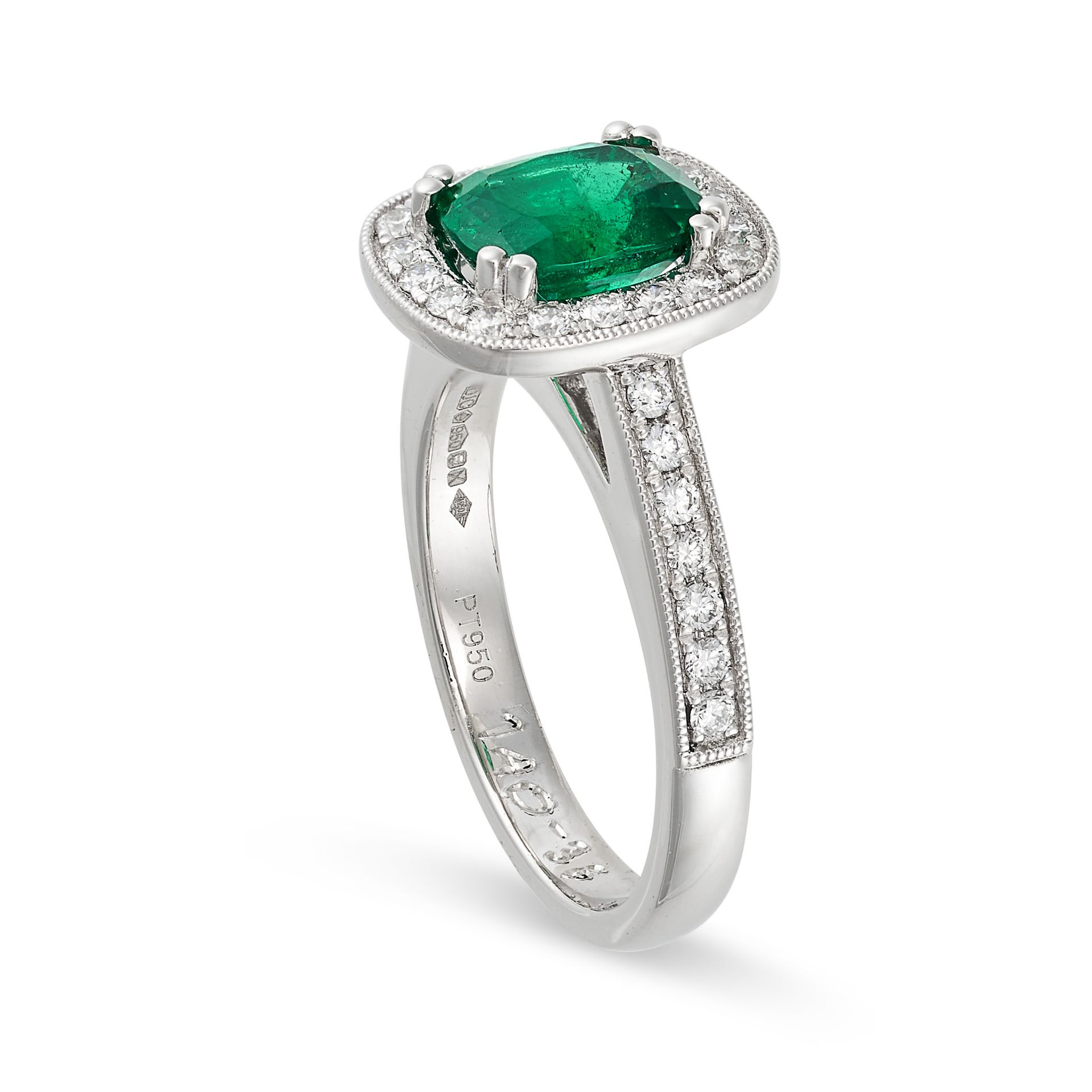 AN EMERALD AND DIAMOND CLUSTER RING in platinum, set with a cushion cut emerald of 1.40 carats to... - Image 2 of 2