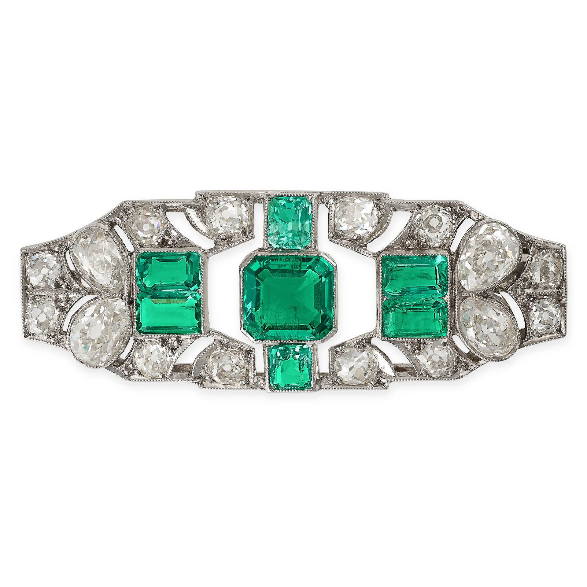 AN ART DECO COLOMBIAN EMERALD AND DIAMOND BROOCH in platinum, set with an octagonal step cut Colo...