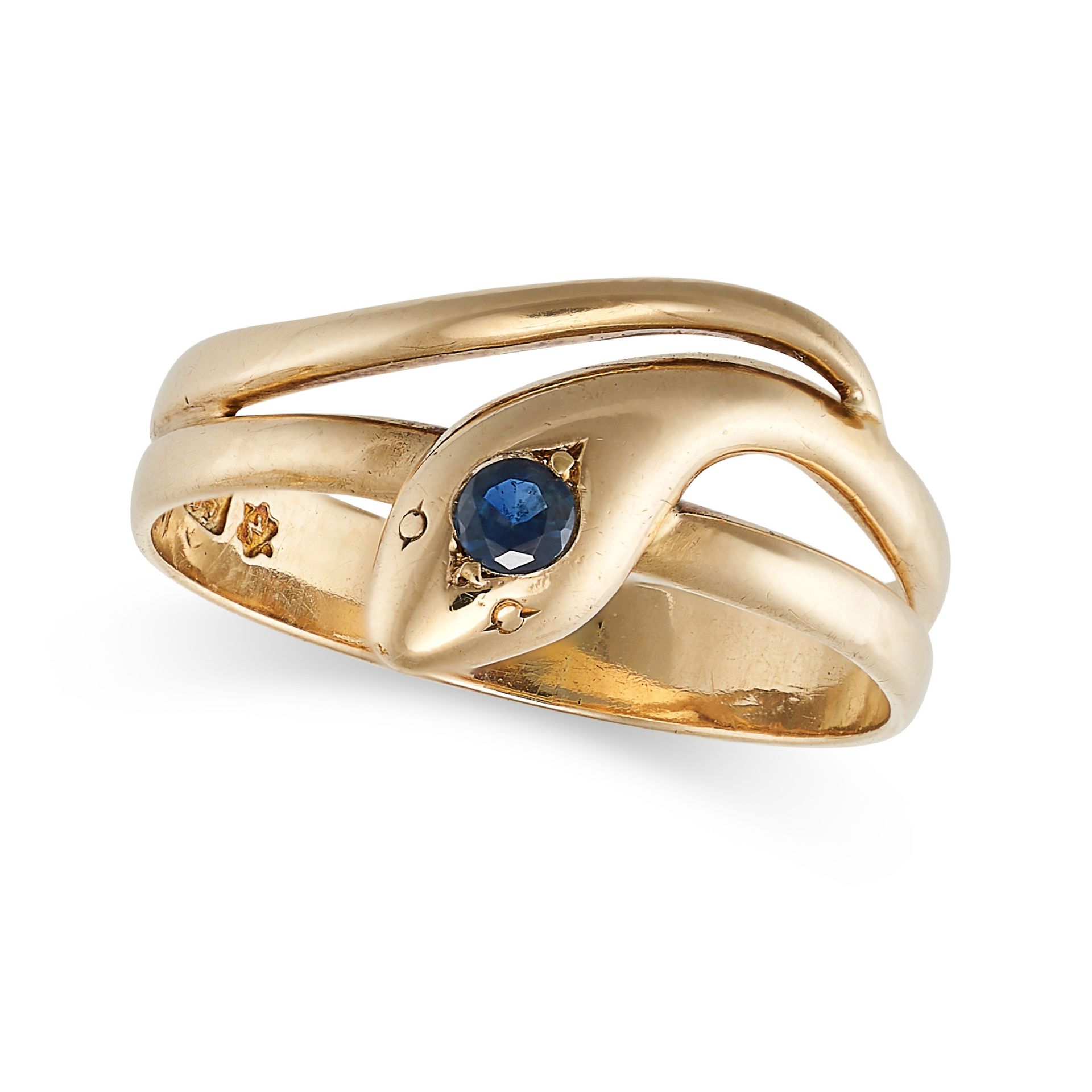 A SAPPHIRE SNAKE RING in 14ct yellow gold, designed as a snake coiled around itself, set with a r...