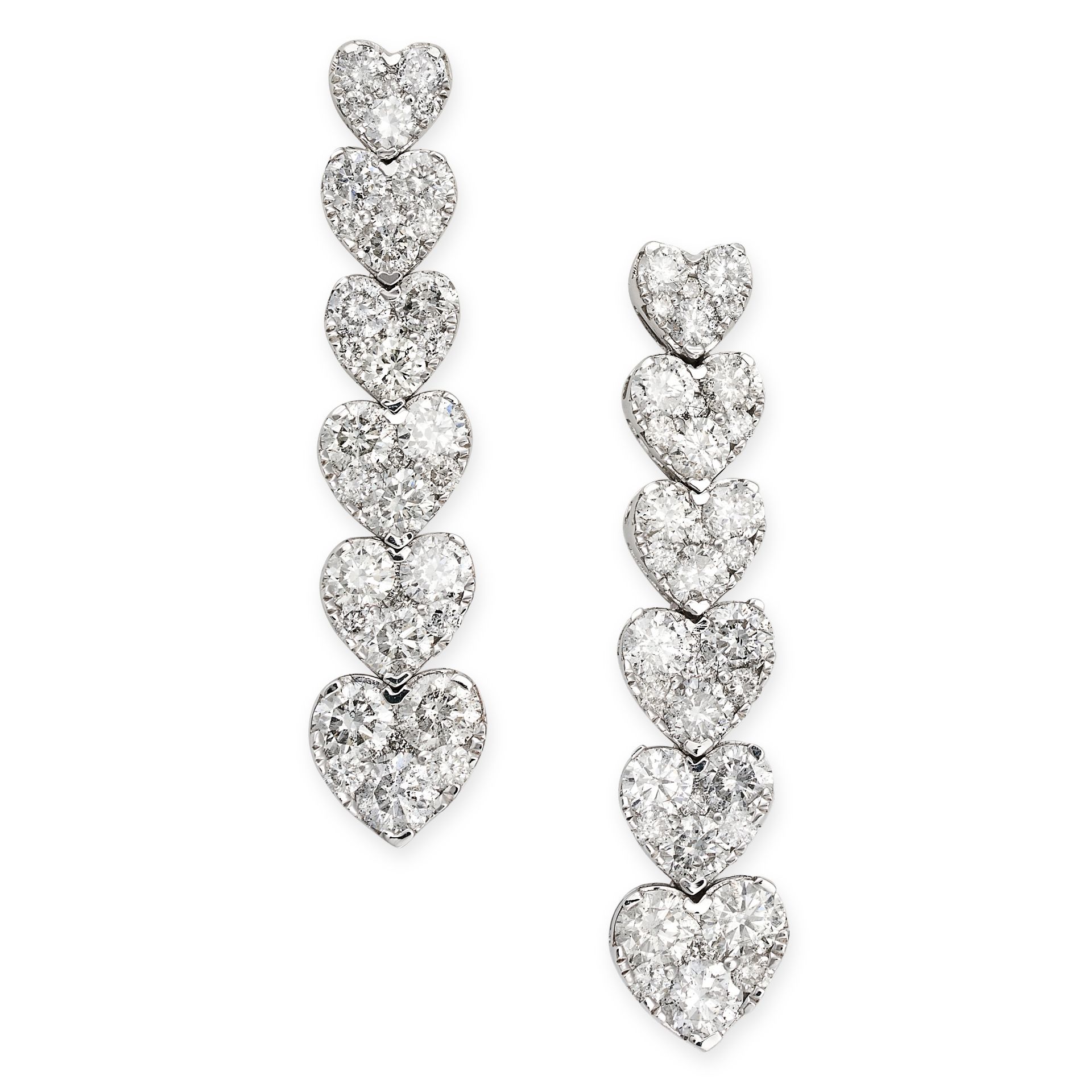 A PAIR OF DIAMOND HEART DROP EARRINGS in 18ct white gold, comprising a row of six graduated heart...