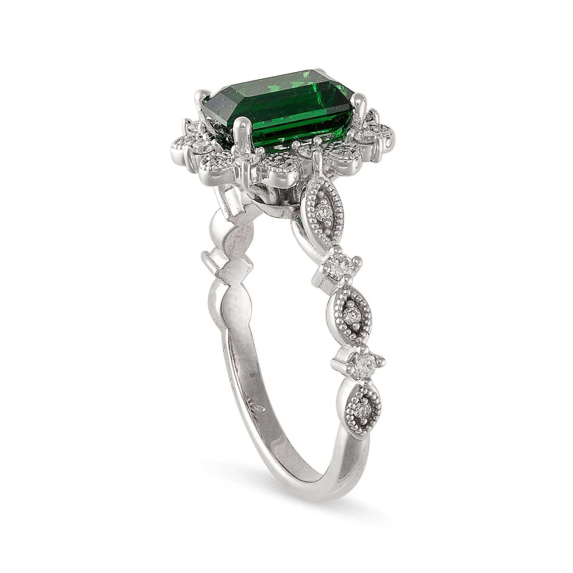 AN UNHEATED TSAVORITE GARNET AND DIAMOND RING in 18ct white gold, set with an octagonal step cut ... - Bild 2 aus 2