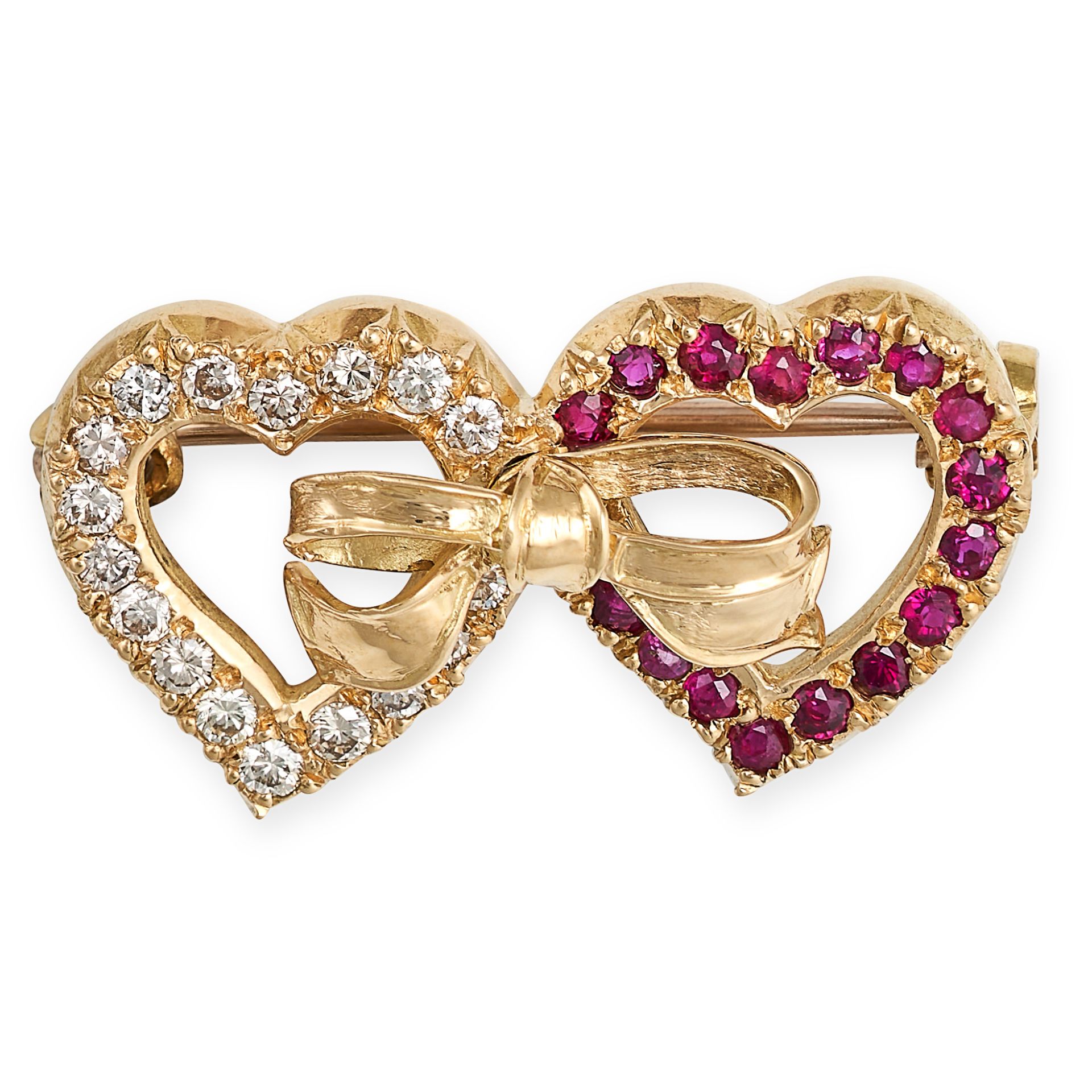 A VINTAGE RUBY AND DIAMOND SWEETHEART BROOCH in 18ct yellow gold, designed as two hearts tied tog...