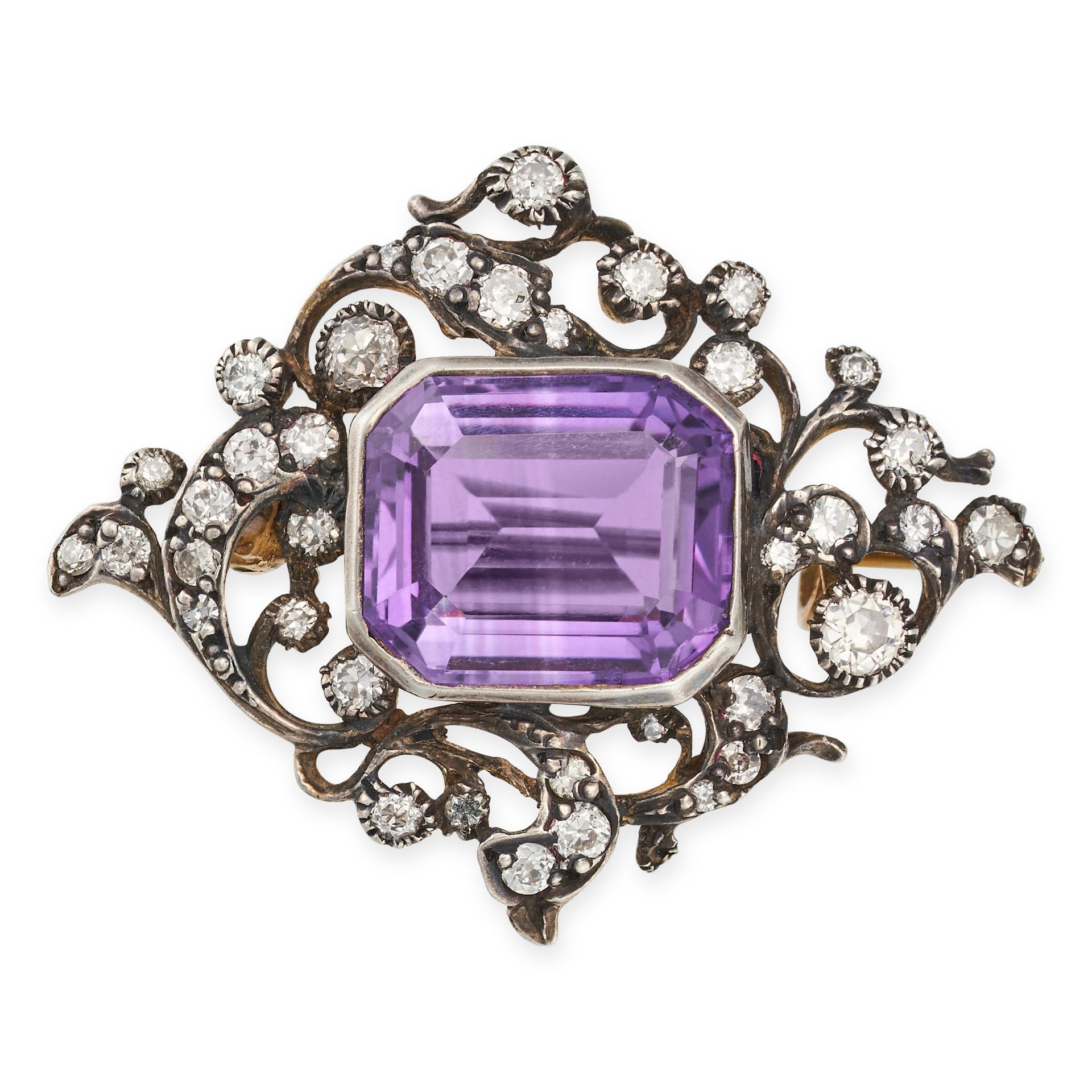 AN ANTIQUE AMETHYST AND DIAMOND BROOCH, 19TH CENTURY in yellow gold and silver, set with an octag...