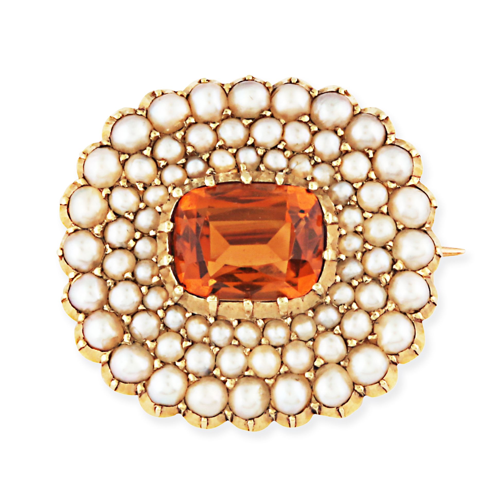 A CITRINE AND PEARL BROOCH / PENDANT in 15ct yellow gold, set with a cushion cut citrine in a thr...