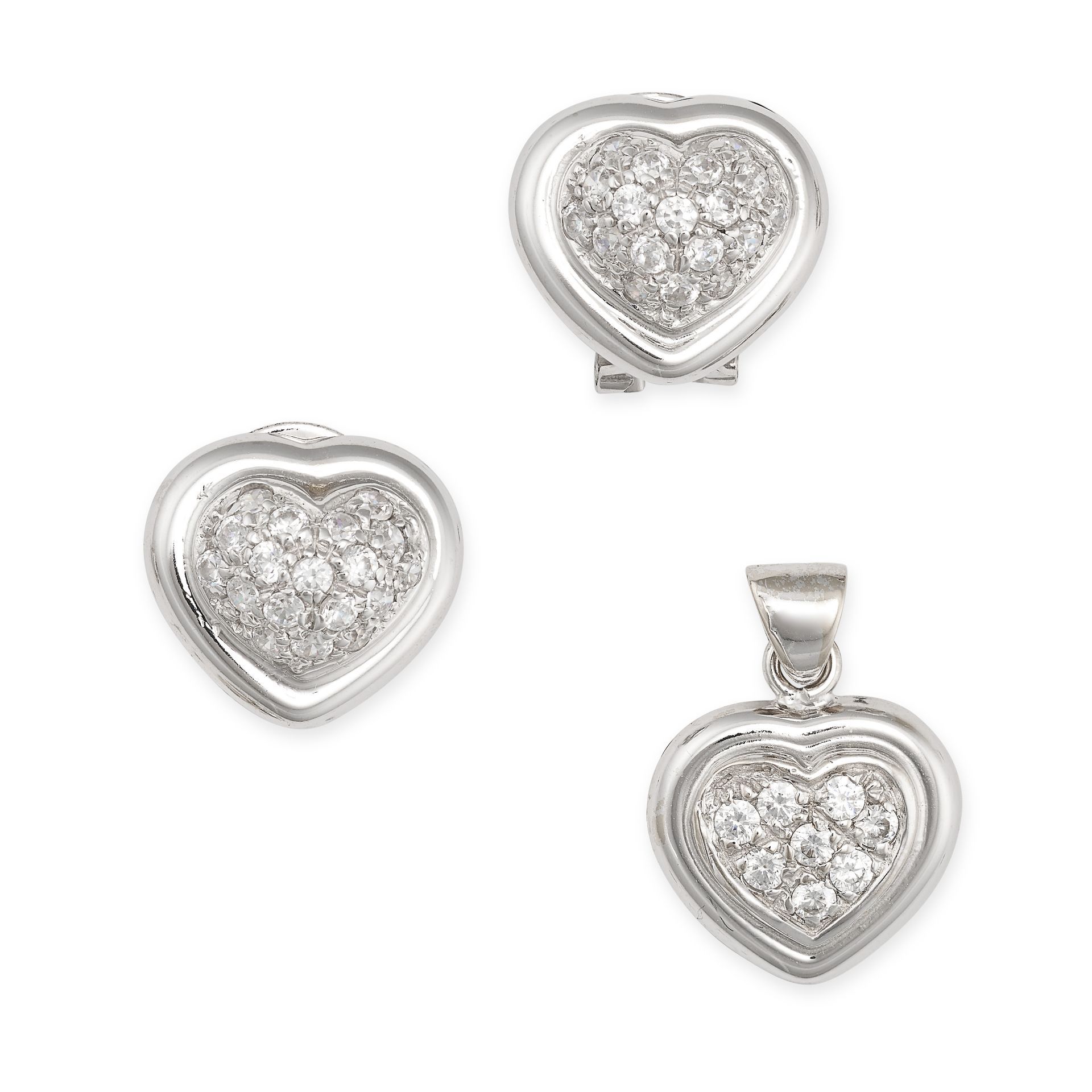 A DIAMOND HEART EARRINGS AND PENDANT SUITE in 18ct white gold, each designed as a heart pave set ...