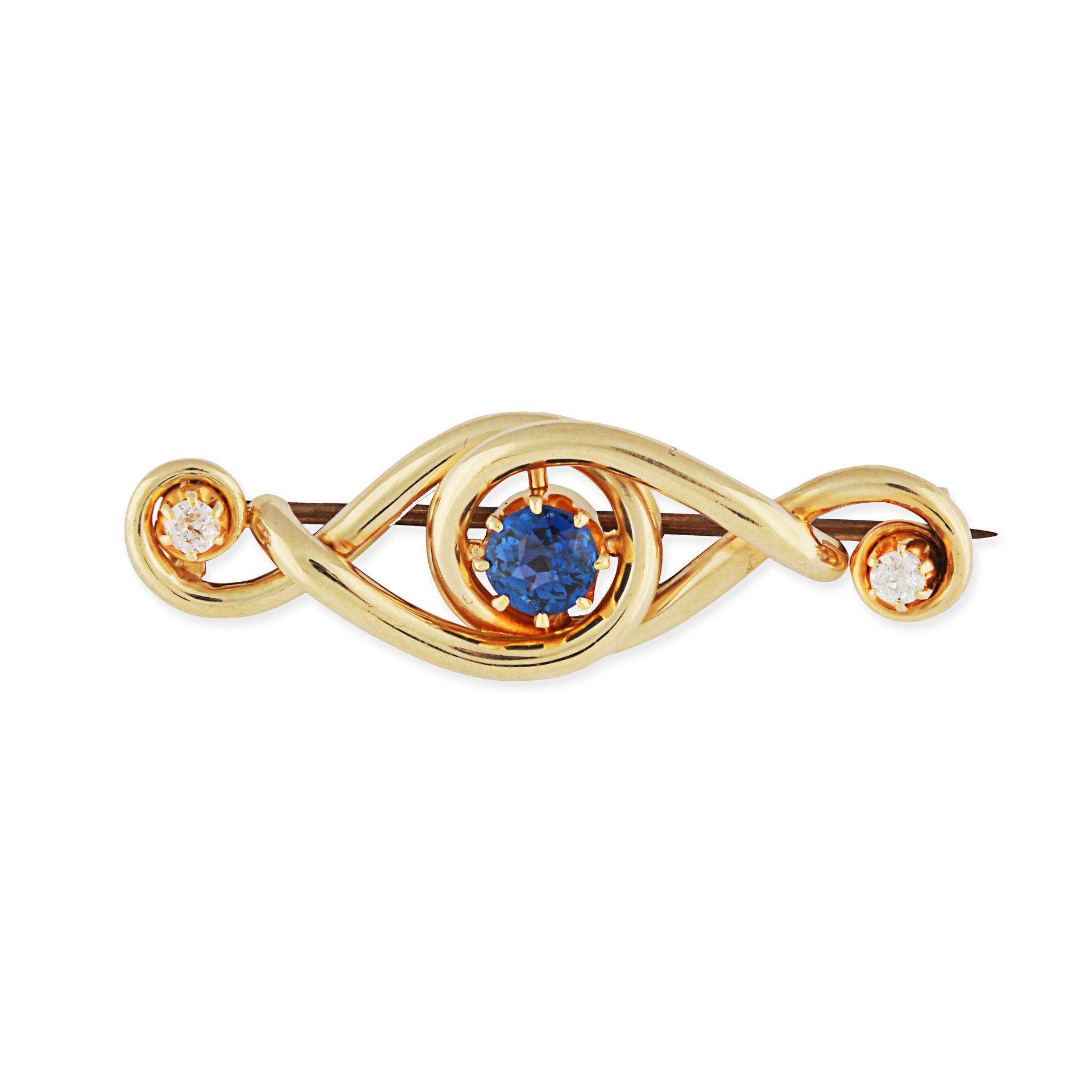 A SAPPHIRE AND DIAMOND BROOCH in yellow gold, in scrolling design set to the centre with a round ...