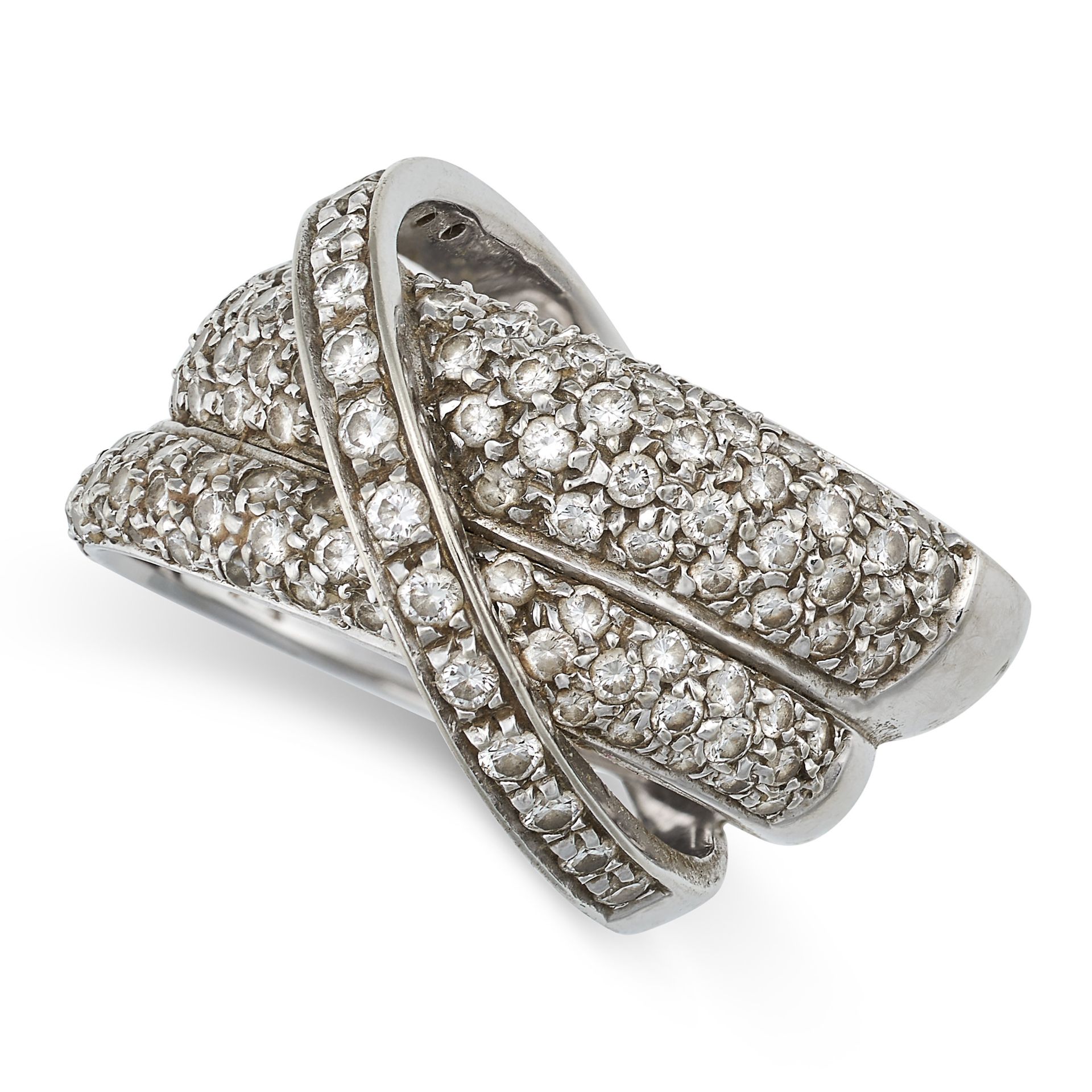 A DIAMOND RING in crossover design, set throughout with round brilliant cut diamonds, marked indi...