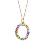 A MULTI GEM PENDANT NECKLACE in 18ct yellow gold, the pendant designed as an open circle set with...