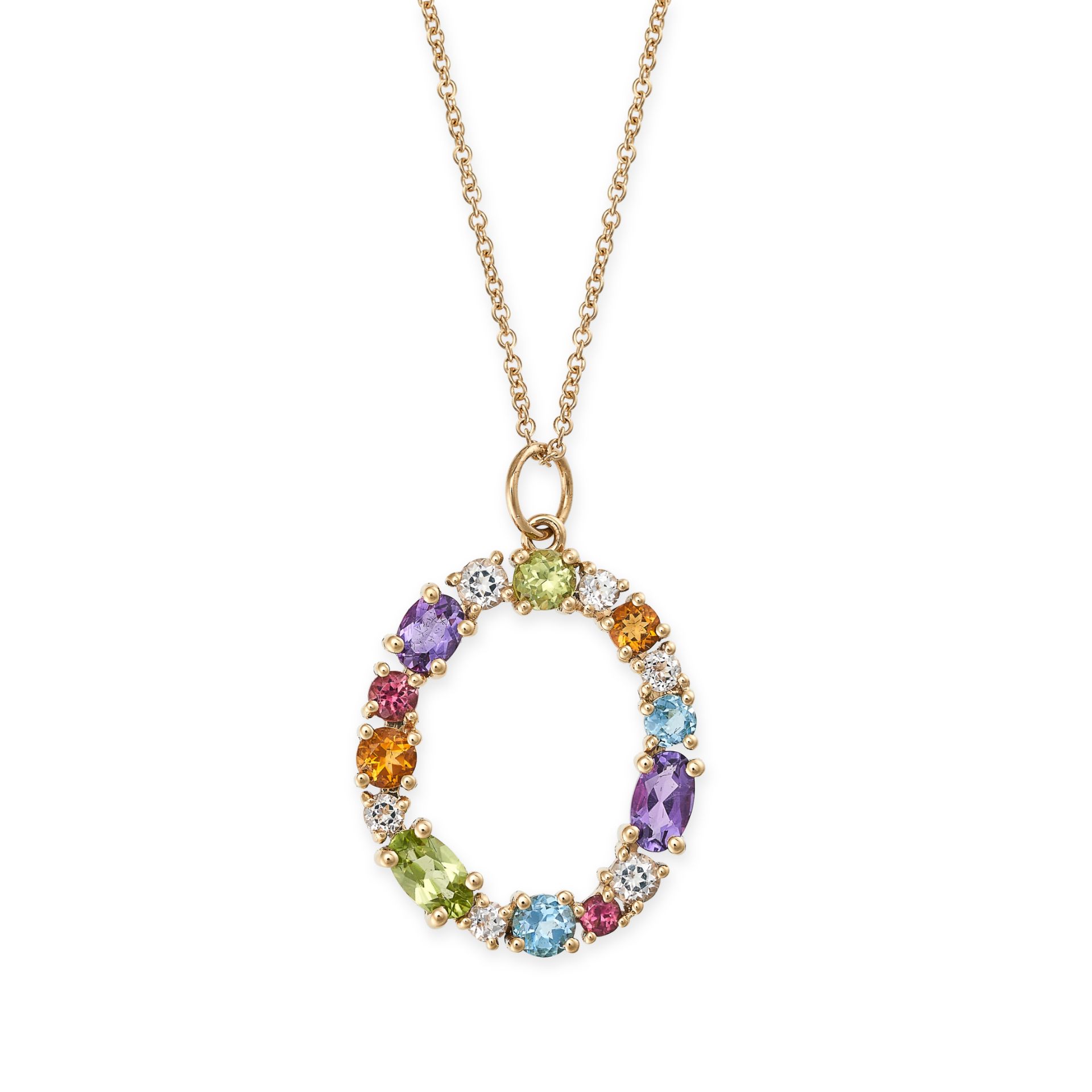 A MULTI GEM PENDANT NECKLACE in 18ct yellow gold, the pendant designed as an open circle set with...