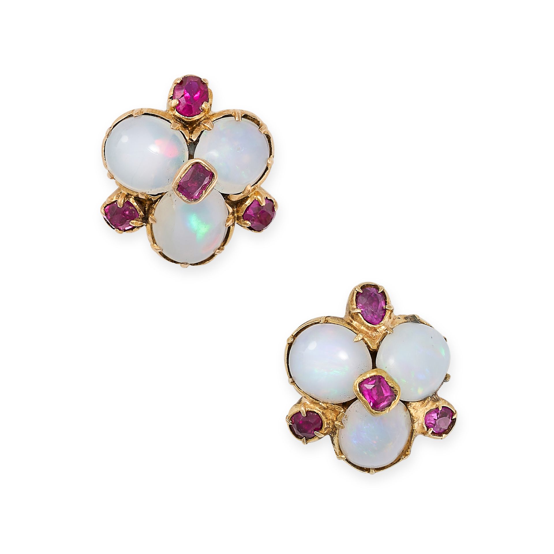 A PAIR OF OPAL AND RUBY CLUSTER EARRINGS in 18ct yellow gold, each set with three cabochon opals ...