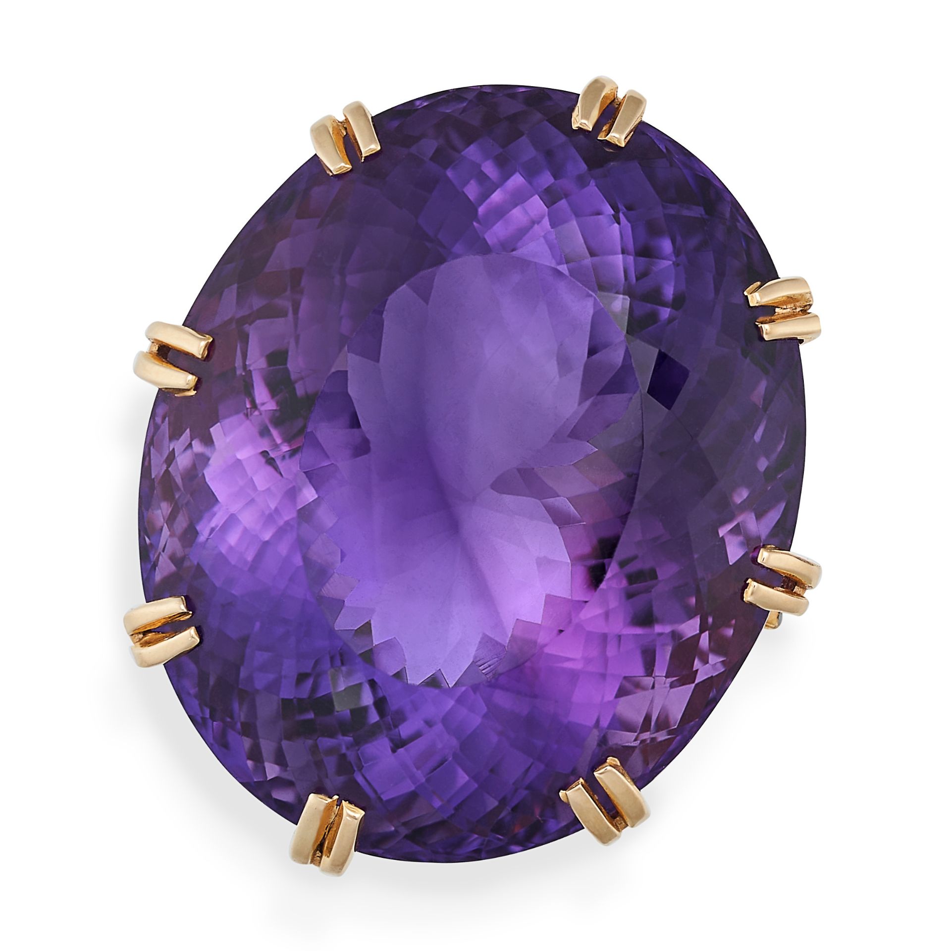 AN AMETHYST AND DIAMOND RING in 14ct yellow gold, set with an oval mixed cut amethyst of approxim...