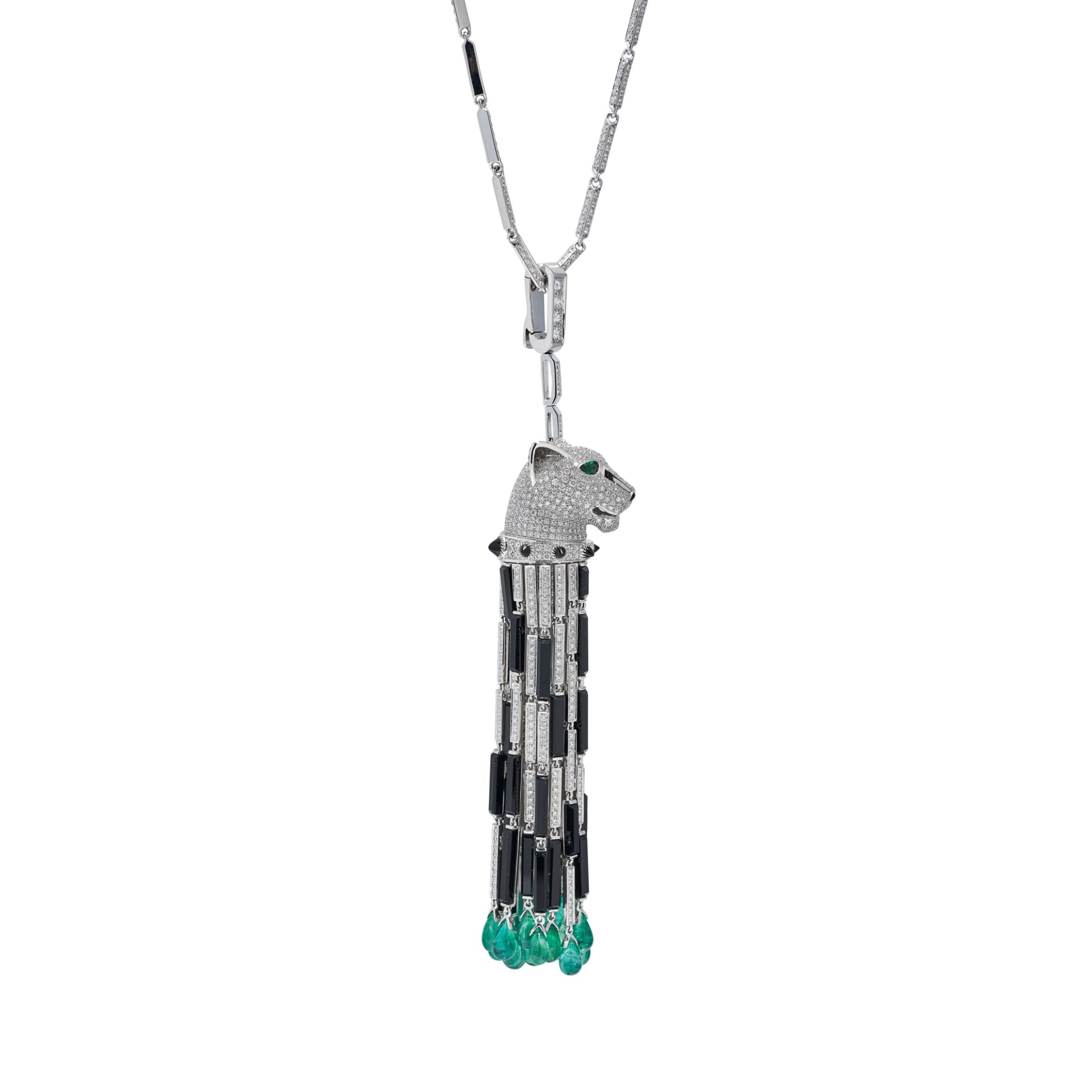 A DIAMOND, ONYX AND EMERALD PANTHER PENDANT NECKLACE in 18ct white gold, designed as a panthers h... - Image 2 of 2