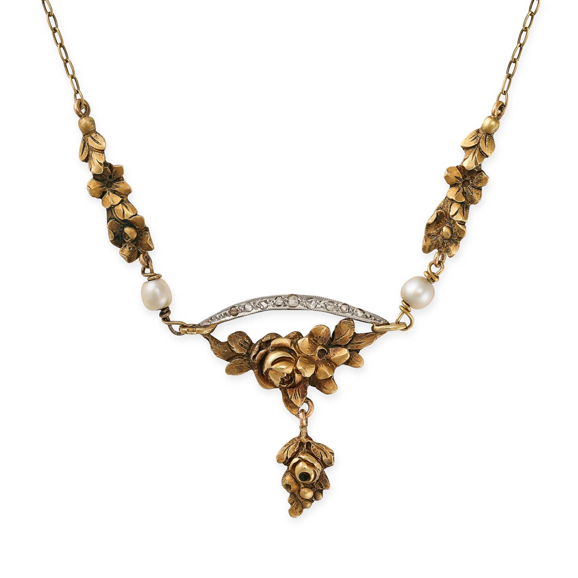 AN ART NOUVEAU PEARL AND DIAMOND NECKLACE in yellow gold, the pendant comprising a diamond cresce...