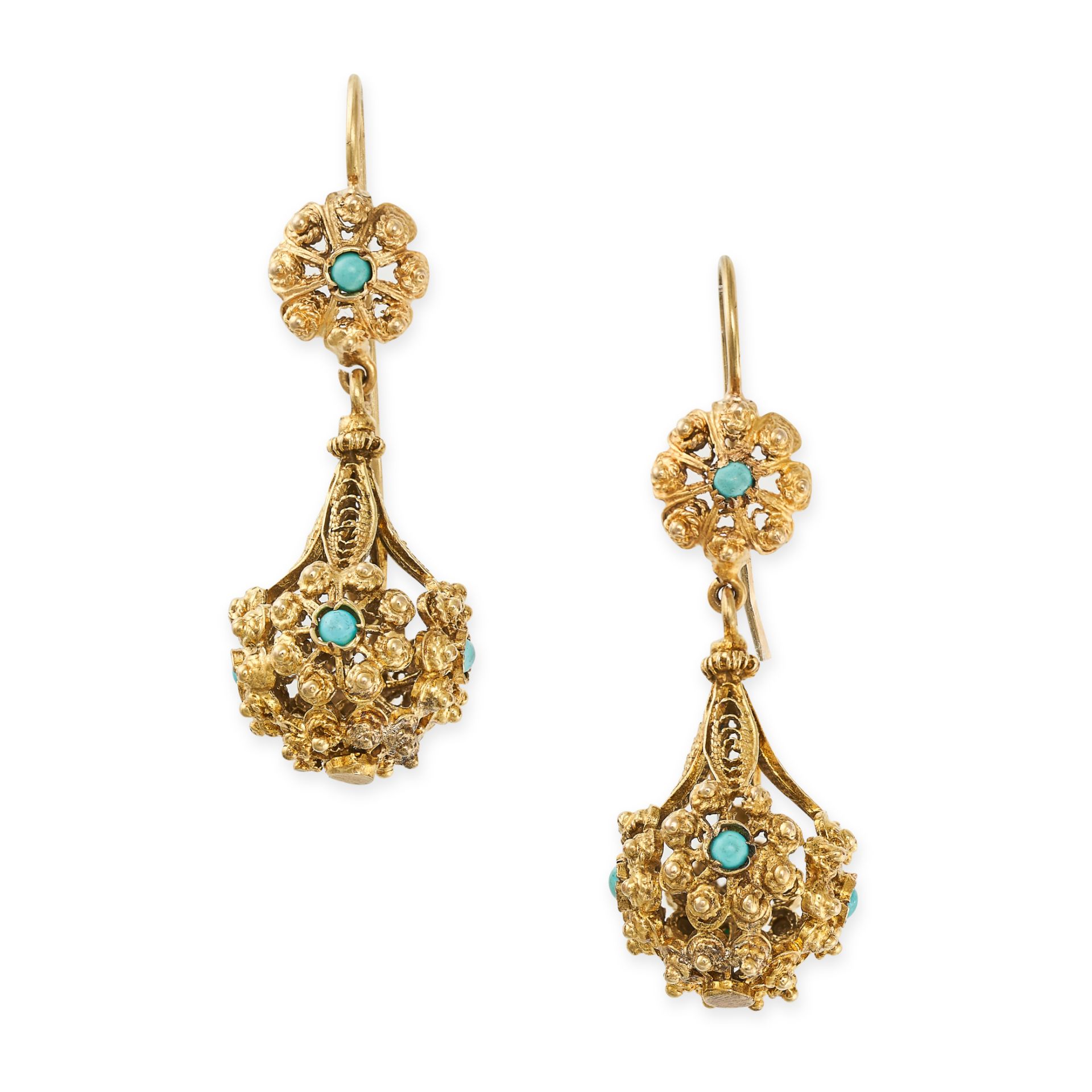 A PAIR OF ANTIQUE TURQUOISE DROP EARRINGS in yellow gold, in cannetille style, set with cabochon ...