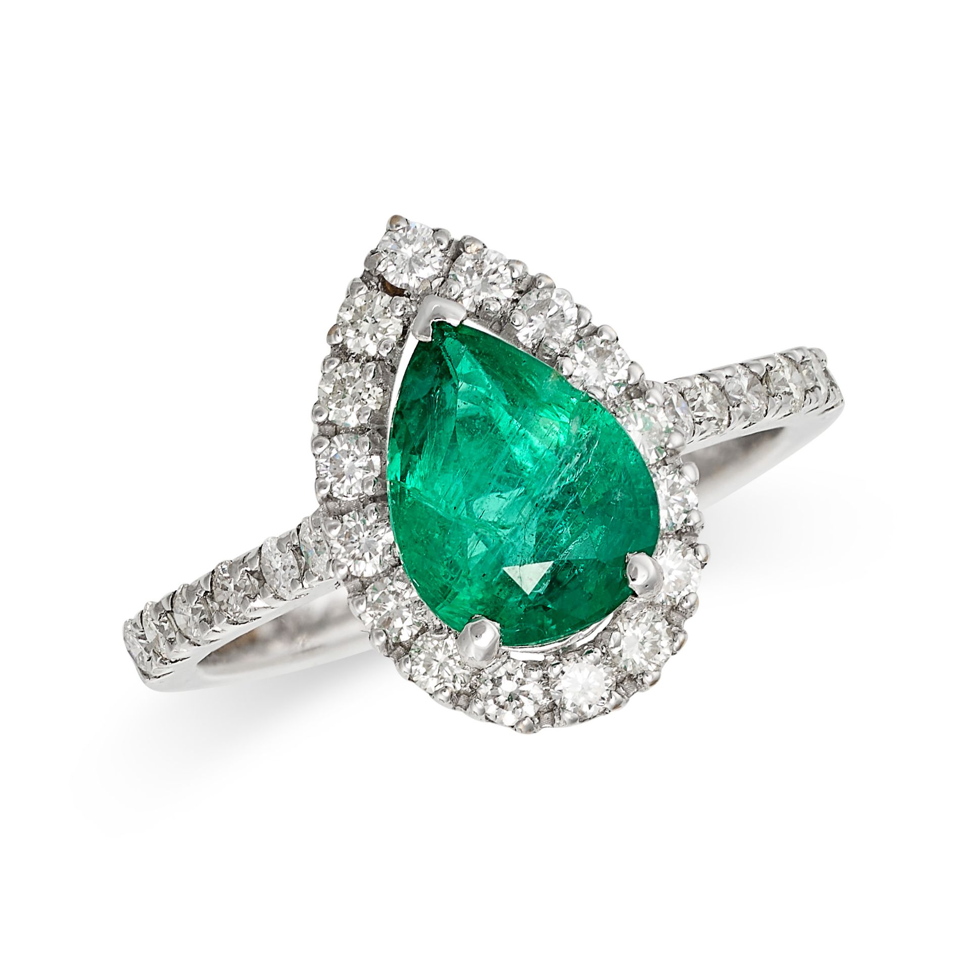 AN EMERALD AND DIAMOND RING in 18ct white gold, set with a pear cut emerald of approximately 1.44...