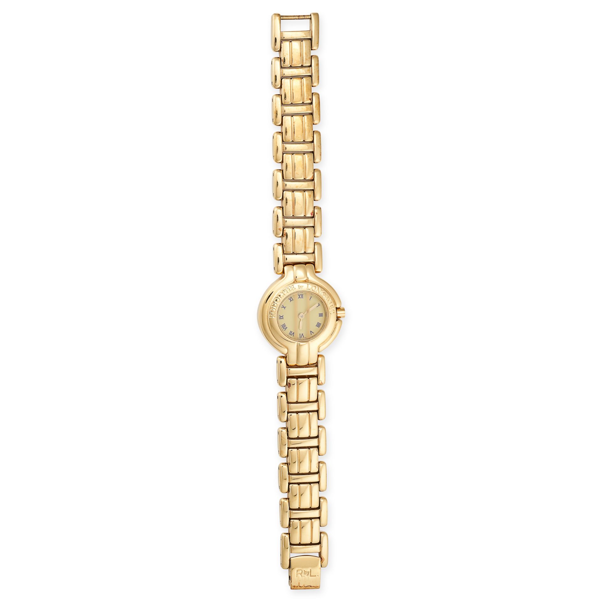 RODOLPHE BY LONGINES, A LADIES WRISTWATCH in gold plate, with a cream dial with blue painted Roma...