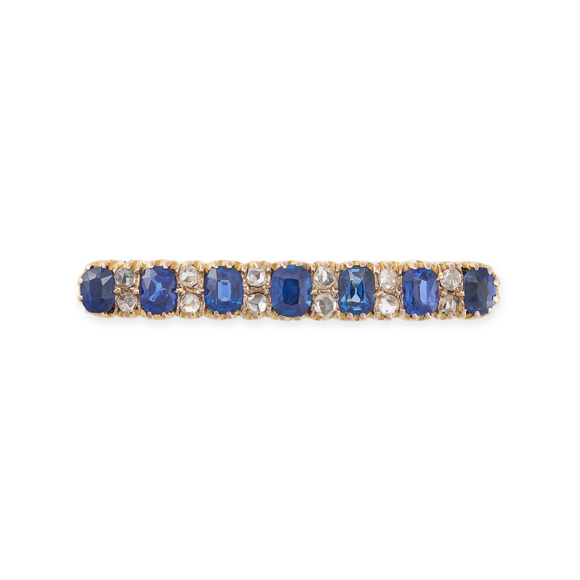 AN ANTIQUE SAPPHIRE AND DIAMOND BAR BROOCH in yellow gold, set with seven cushion cut sapphires a...