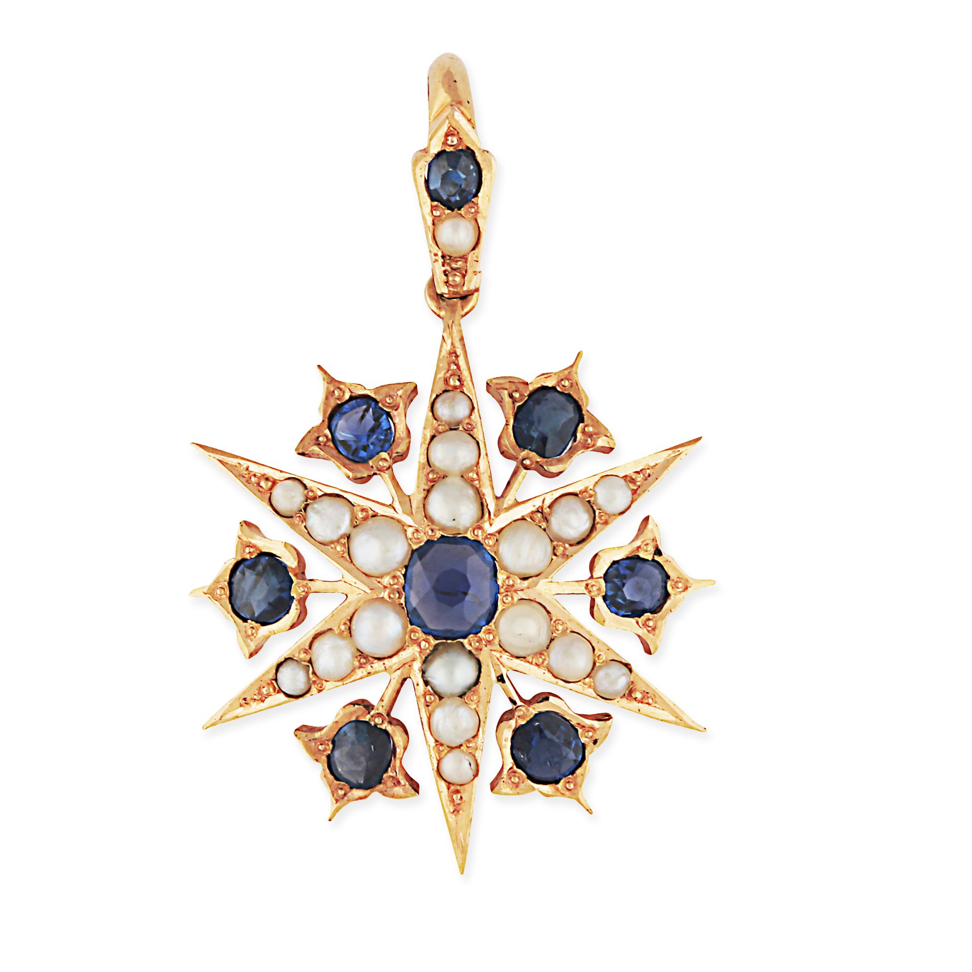 A SAPPHIRE AND PEARL STAR PENDANT in yellow gold, designed as a six rayed star, set to the centre...