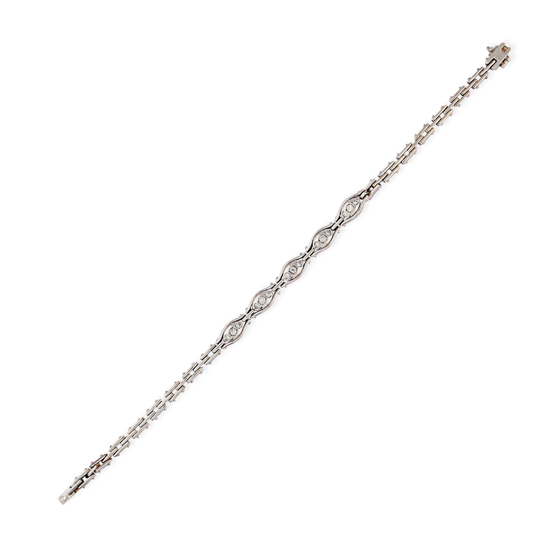 A DIAMOND BRACELET in 18ct white gold, comprising a row of fancy links set with trios of round br...