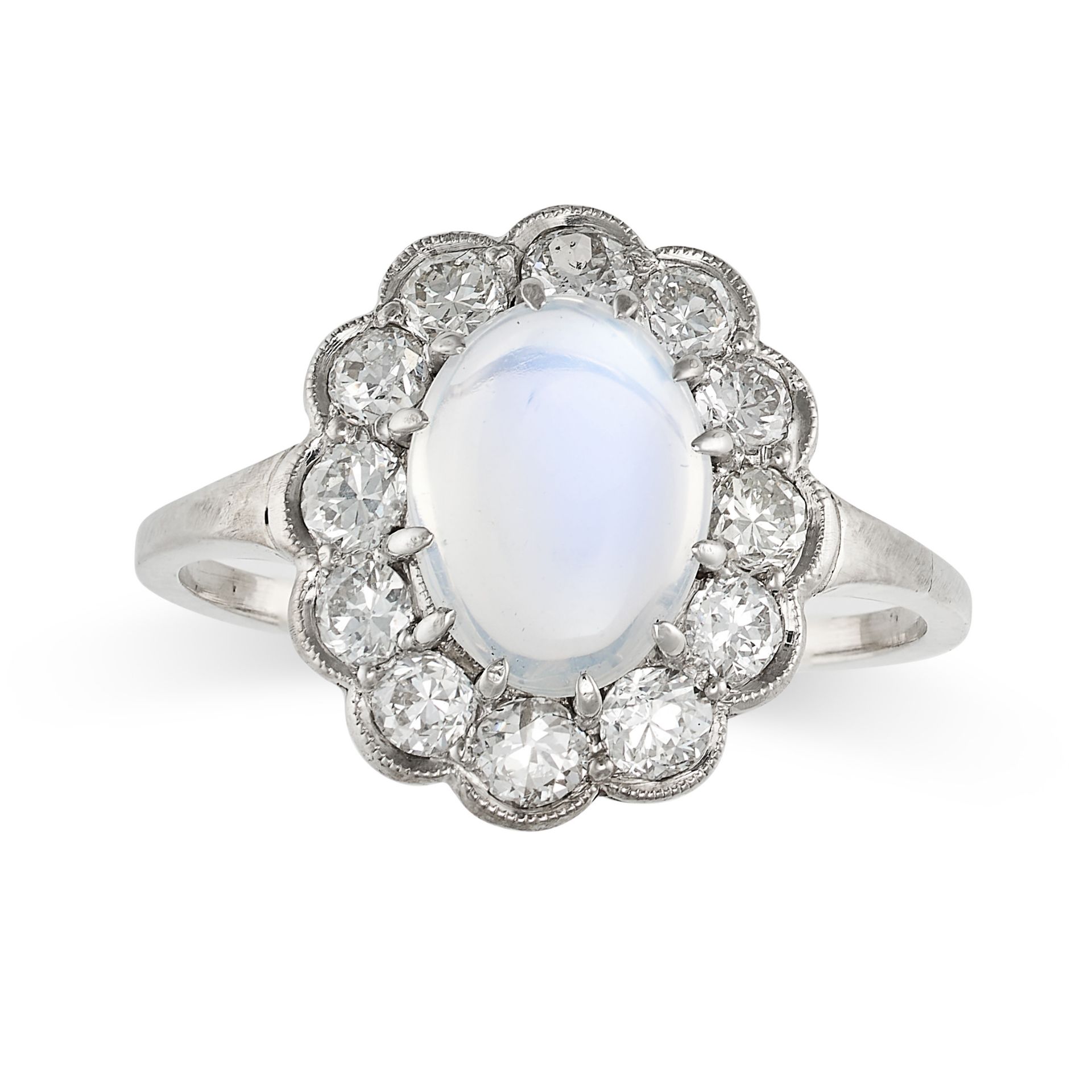 A MOONSTONE AND DIAMOND CLUSTER RING set with an oval cabochon moonstone in a cluster of old cut ...