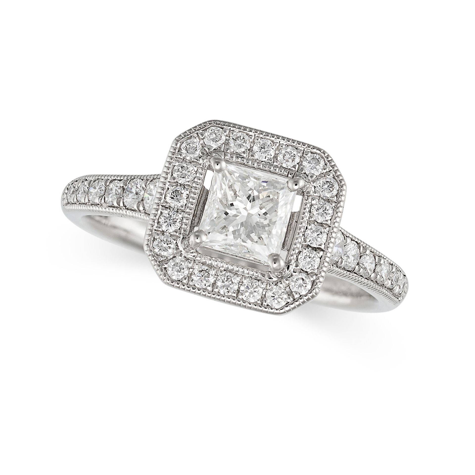 A DIAMOND SOLITAIRE RING in platinum, set to the centre with a princess cut diamond of 0.64 carat...