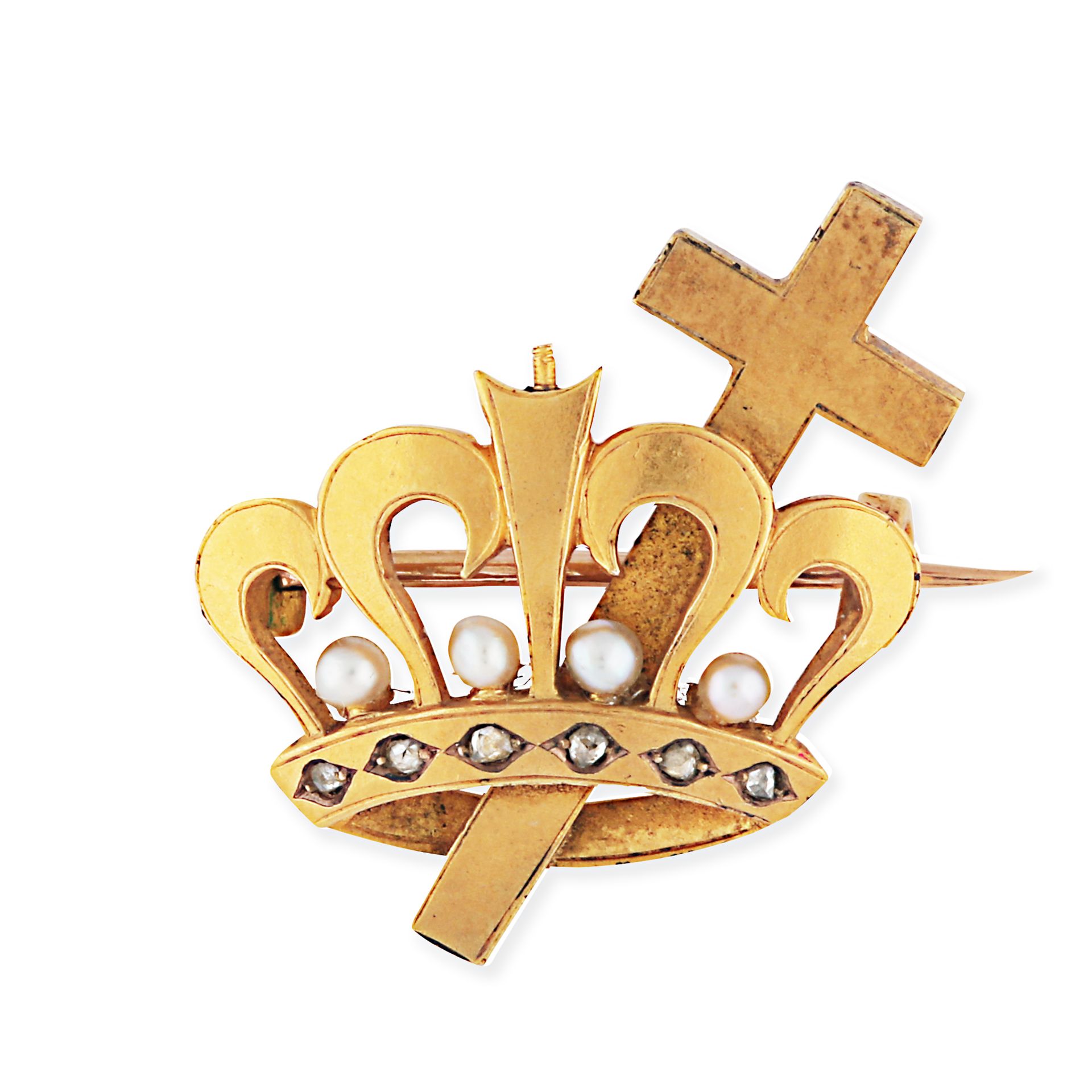 AN ANTIQUE PEARL AND DIAMOND CROWN AND CROSS BROOCH in 14ct yellow gold, set with pearls and rose...