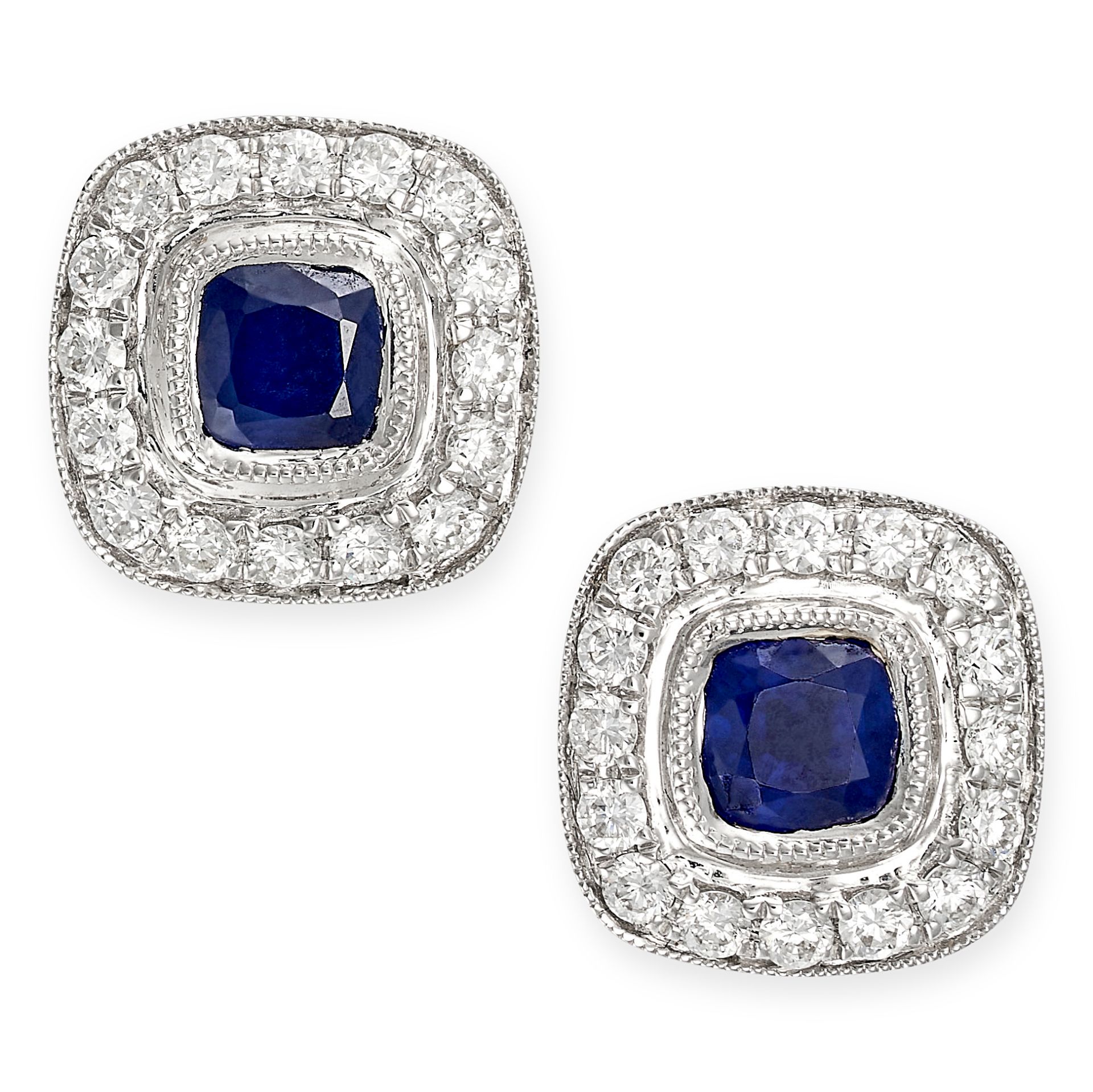 A PAIR OF SAPPHIRE AND DIAMOND CLUSTER STUD EARRINGS in 18ct white gold, each set with a cushion ...