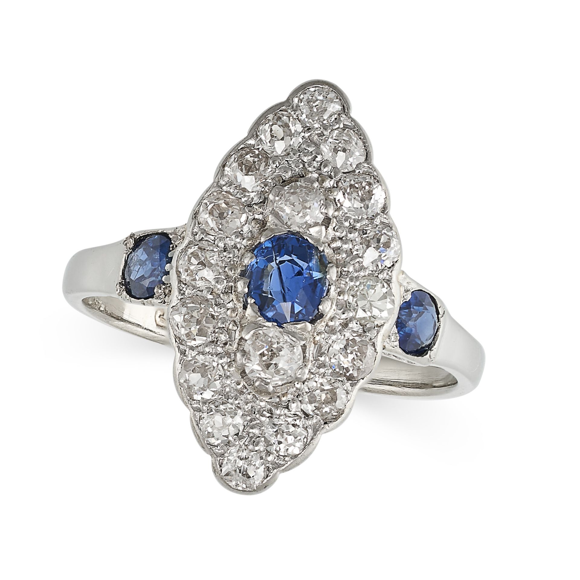 A SAPPHIRE AND DIAMOND NAVETTE RING in 18ct white gold and platinum, the navette face set with a ...