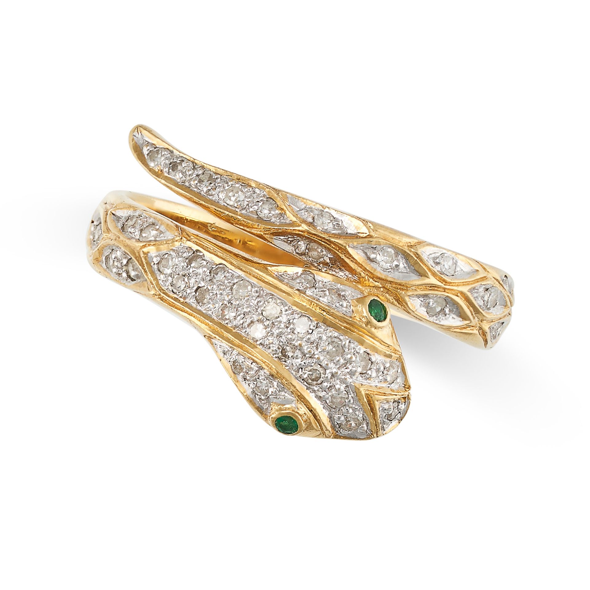 AN EMERALD AND DIAMOND SNAKE RING in 18ct yellow gold, designed as a snake coiled around itself s...