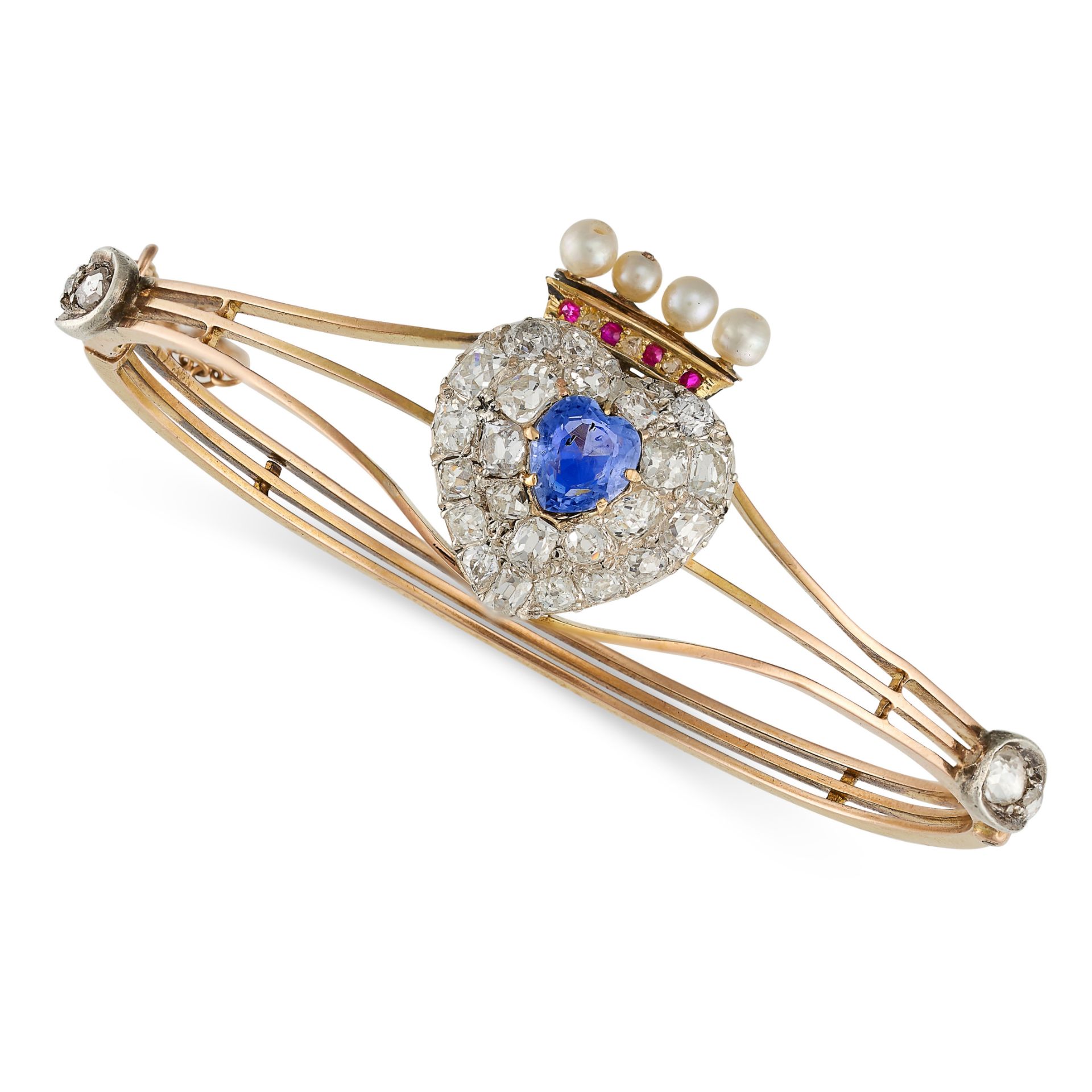 AN ANTIQUE VICTORIAN SAPPHIRE, DIAMOND, PEARL AND RUBY SWEETHEART BANGLE, 19TH CENTURY in yellow ...