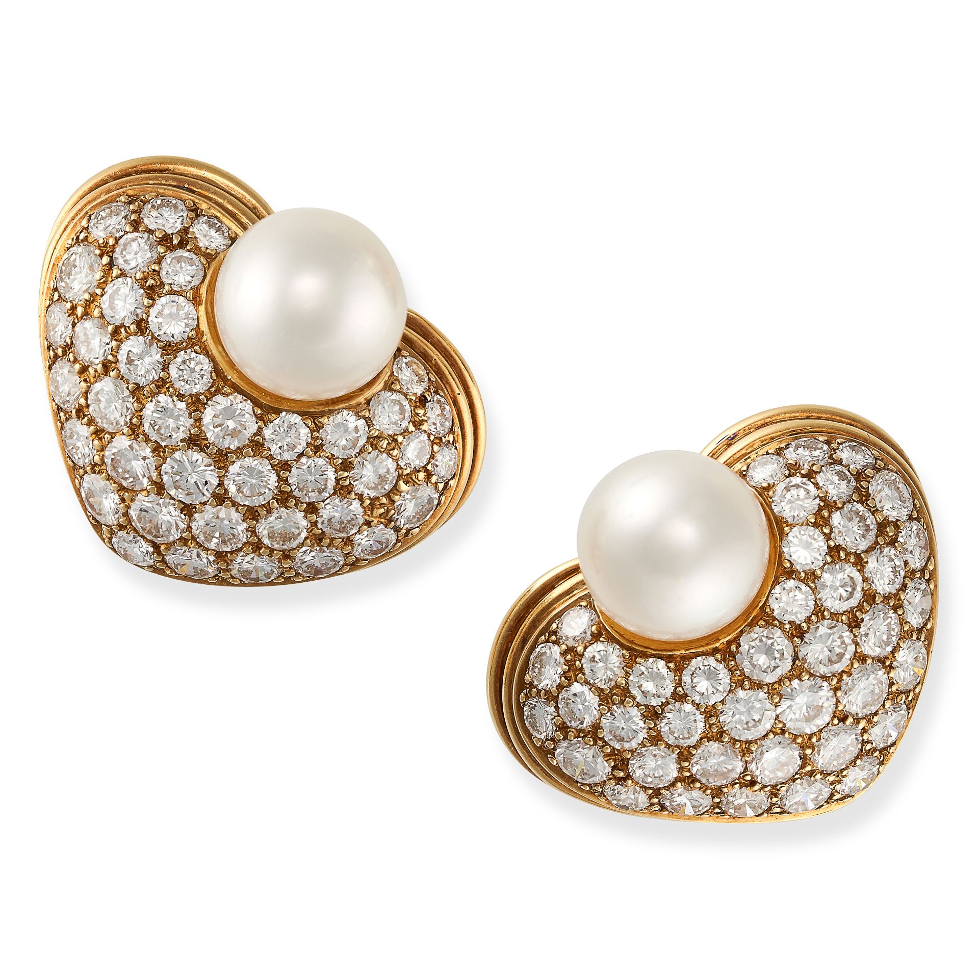 A PAIR OF PEARL AND DIAMOND CLIP EARRINGS in 18ct yellow gold, each designed as a heart pave set ...