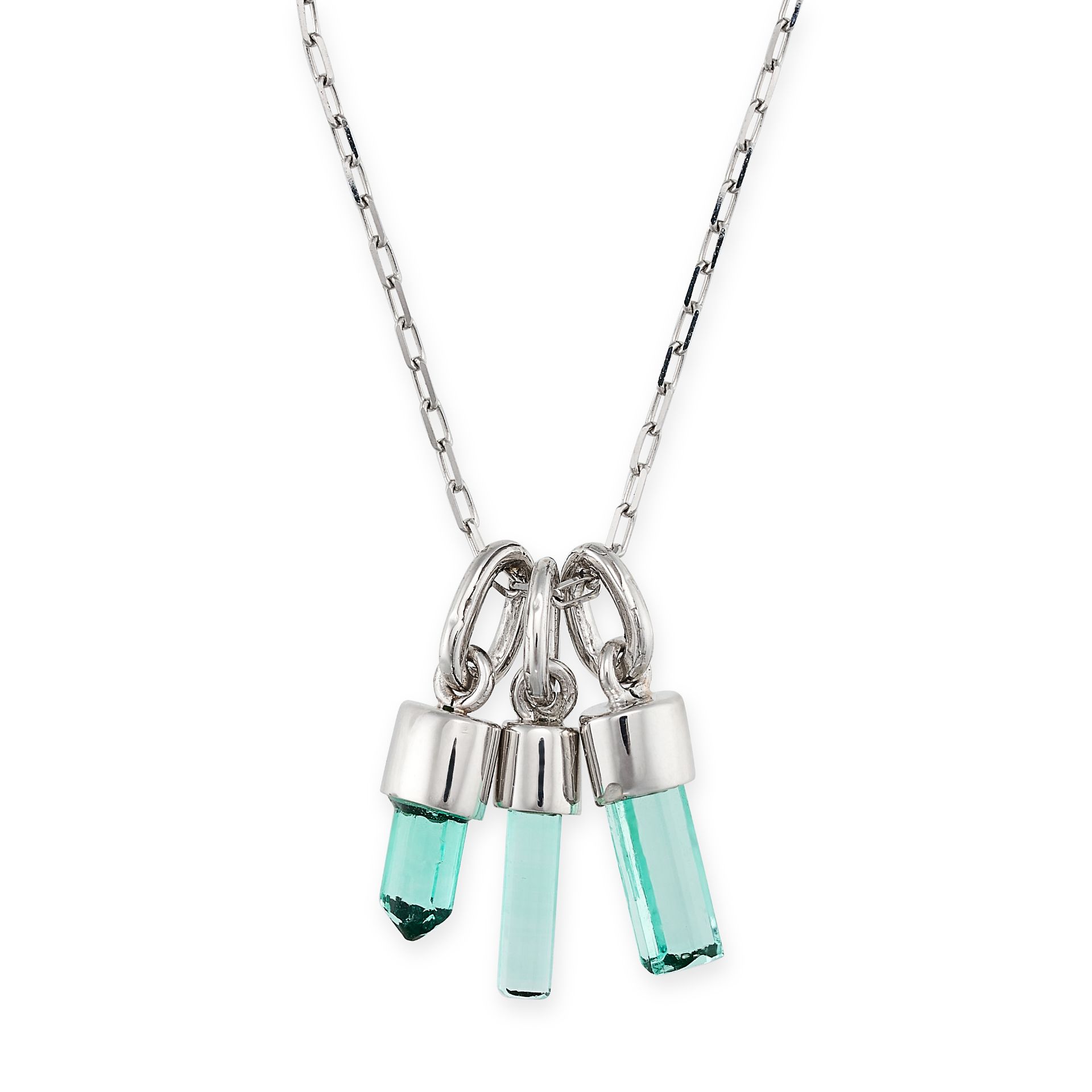 AN EMERALD CRYSTAL NECKLACE in 18ct white gold, the white gold trace chain strung with three char...