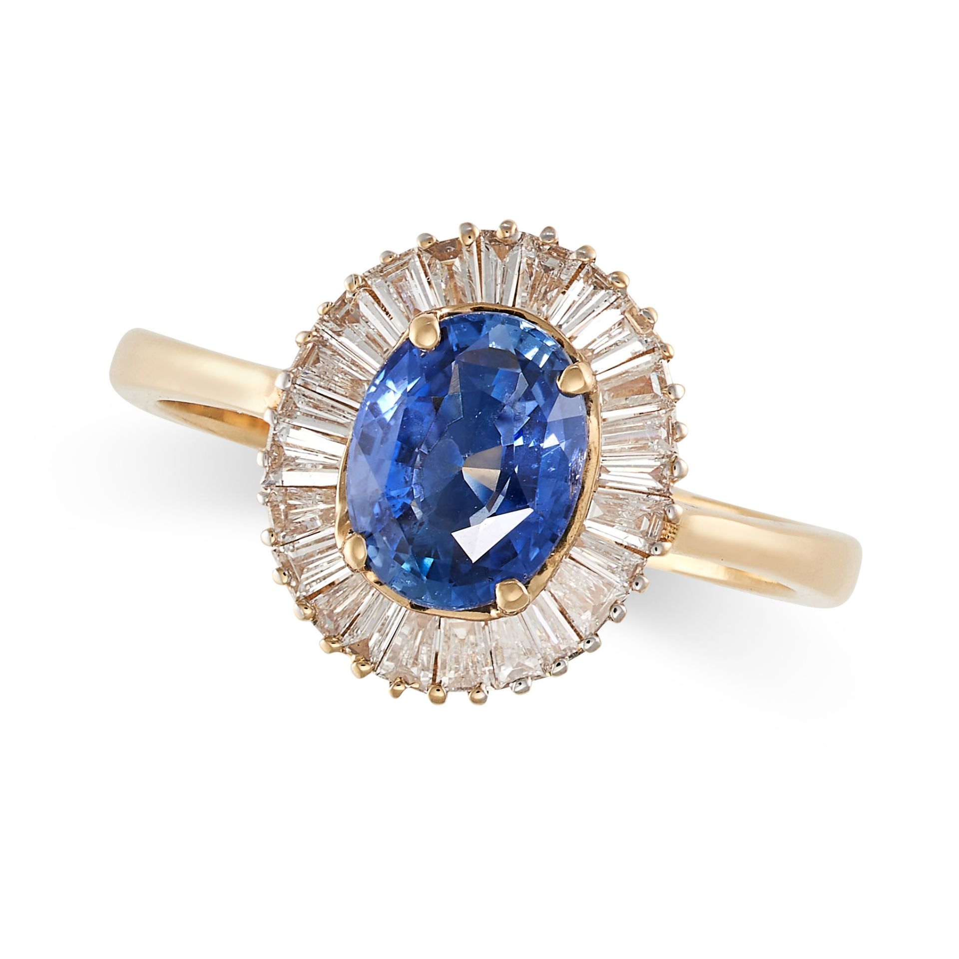 AN UNHEATED SAPPHIRE AND DIAMOND CLUSTER RING in 18ct yellow gold, set with an oval mixed cut sap...