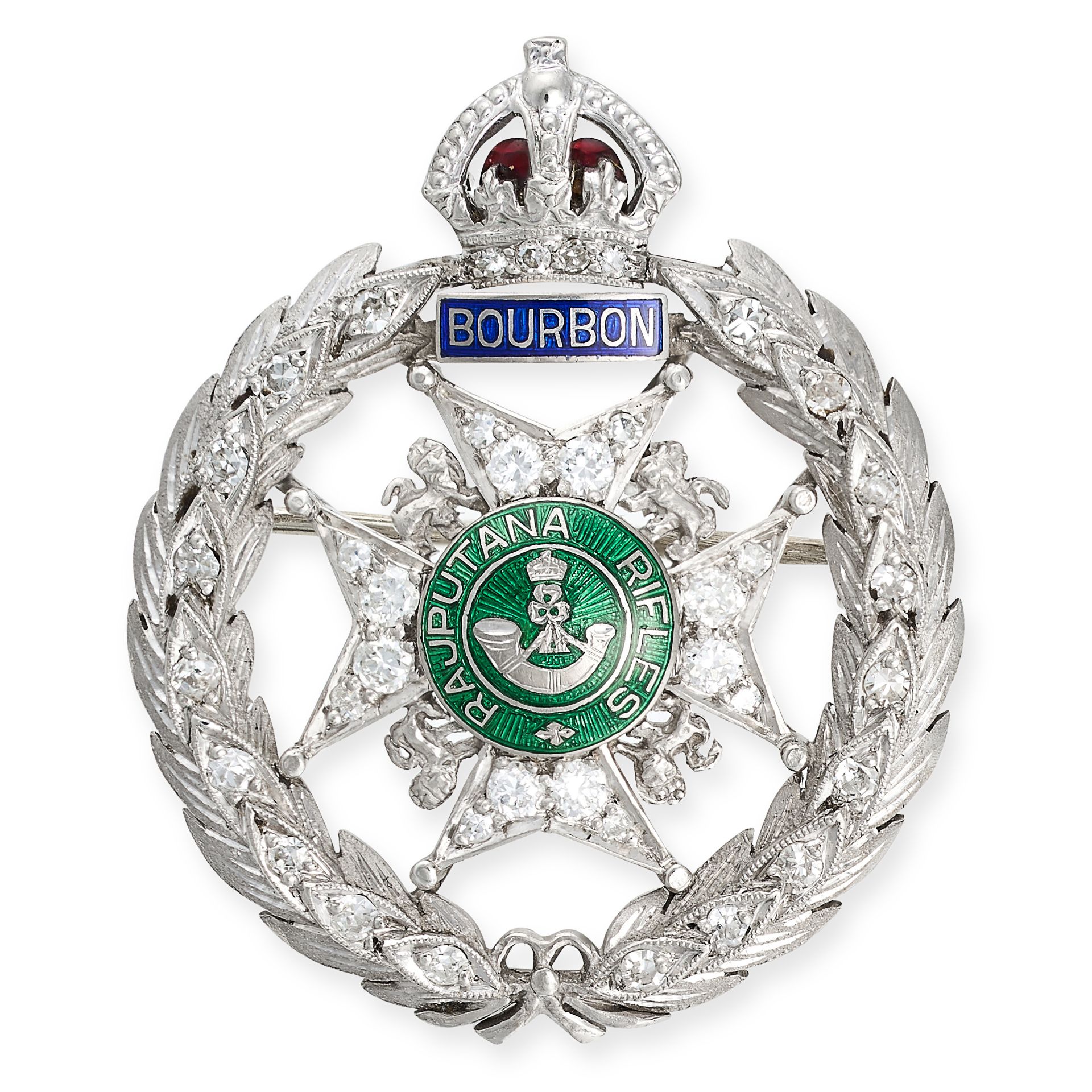 A DIAMOND AND ENAMEL REGIMENTAL BROOCH / BADGE CAP for the Rajputana Rifles, relieved in green, b...