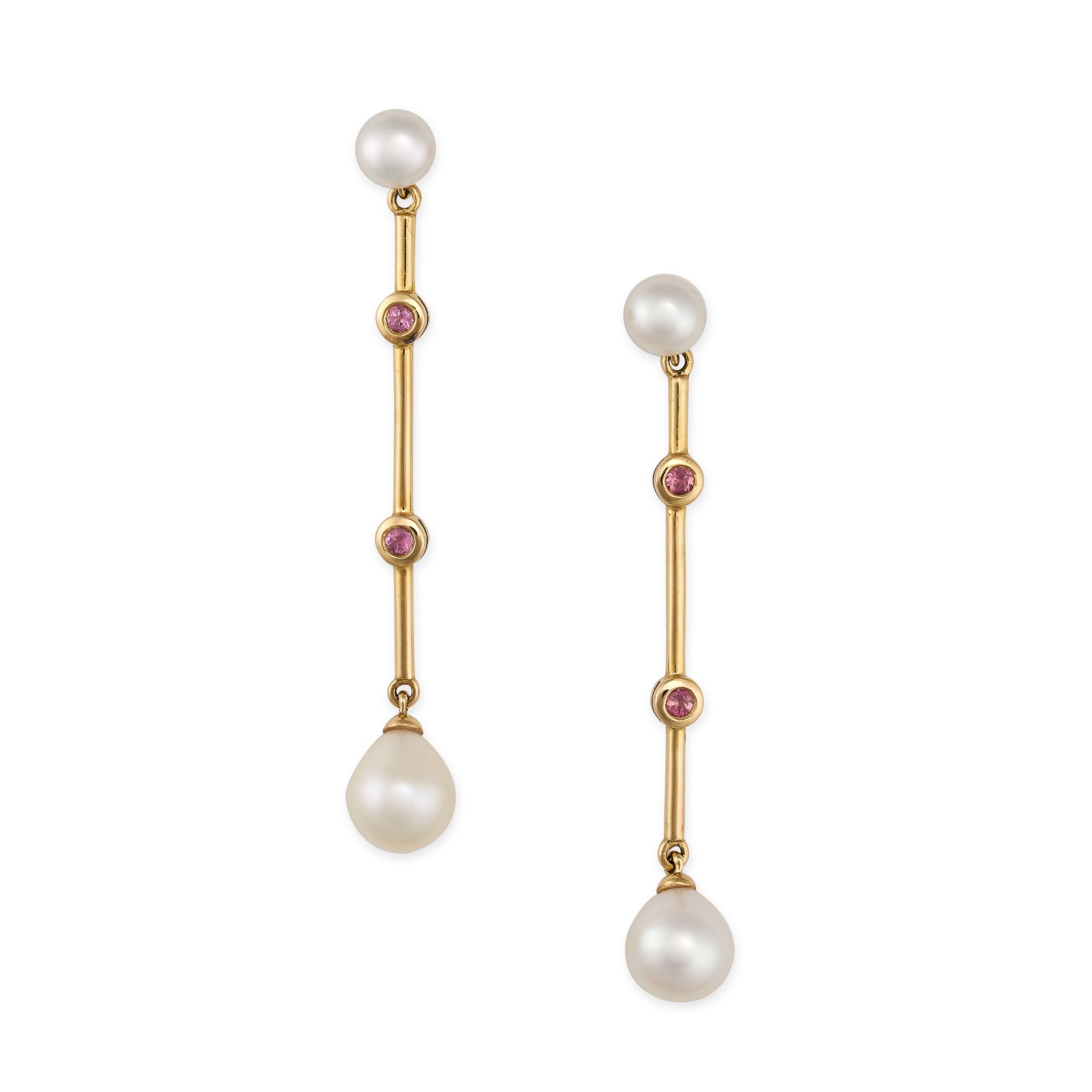 LINKS OF LONDON, A PAIR OF PEARL AND PINK TOURMALINE DROP EARRINGS in 18ct yellow gold, each comp...