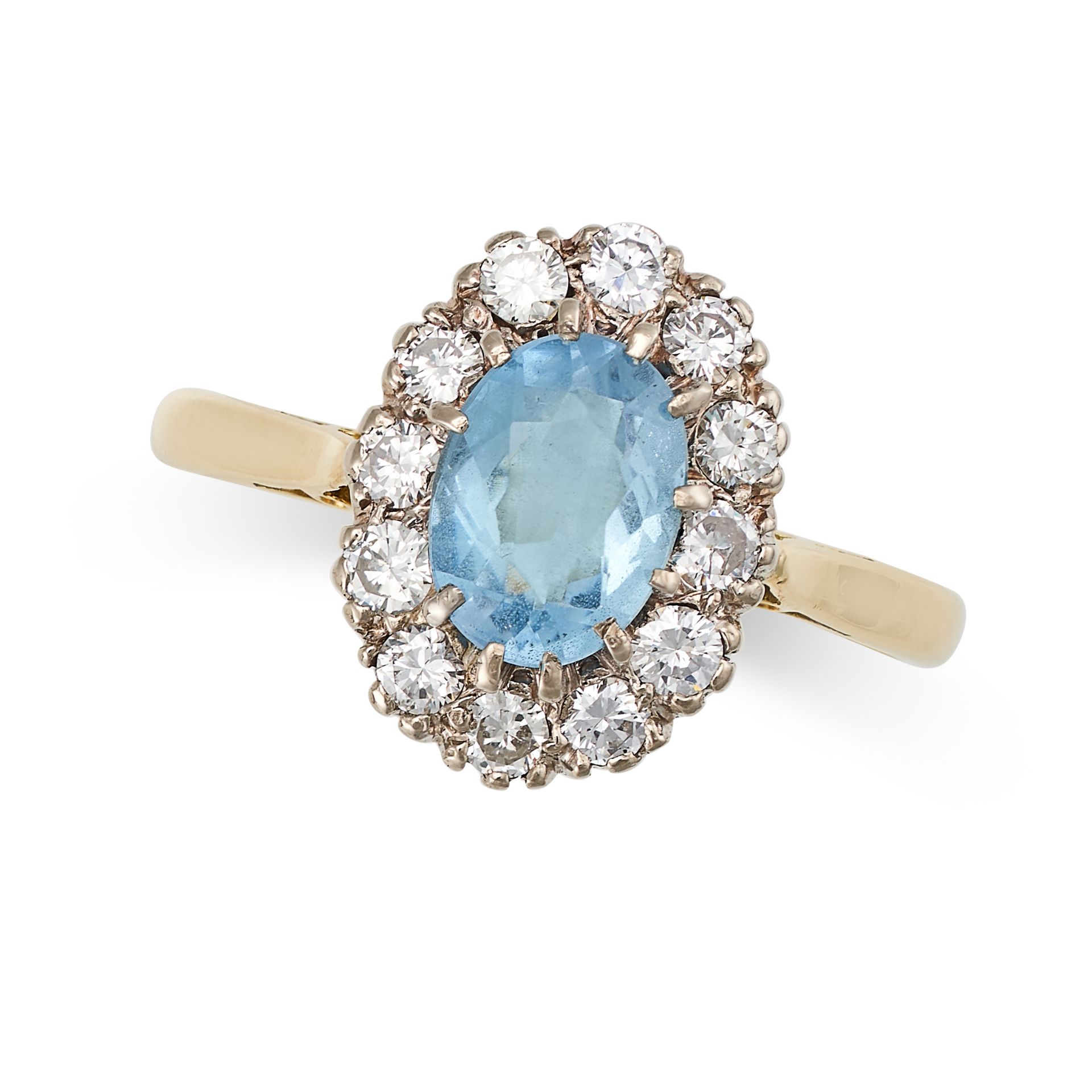 A VINTAGE AQUAMARINE AND DIAMOND CLUSTER RING in 18ct yellow gold, set with an oval cut aquamarin...